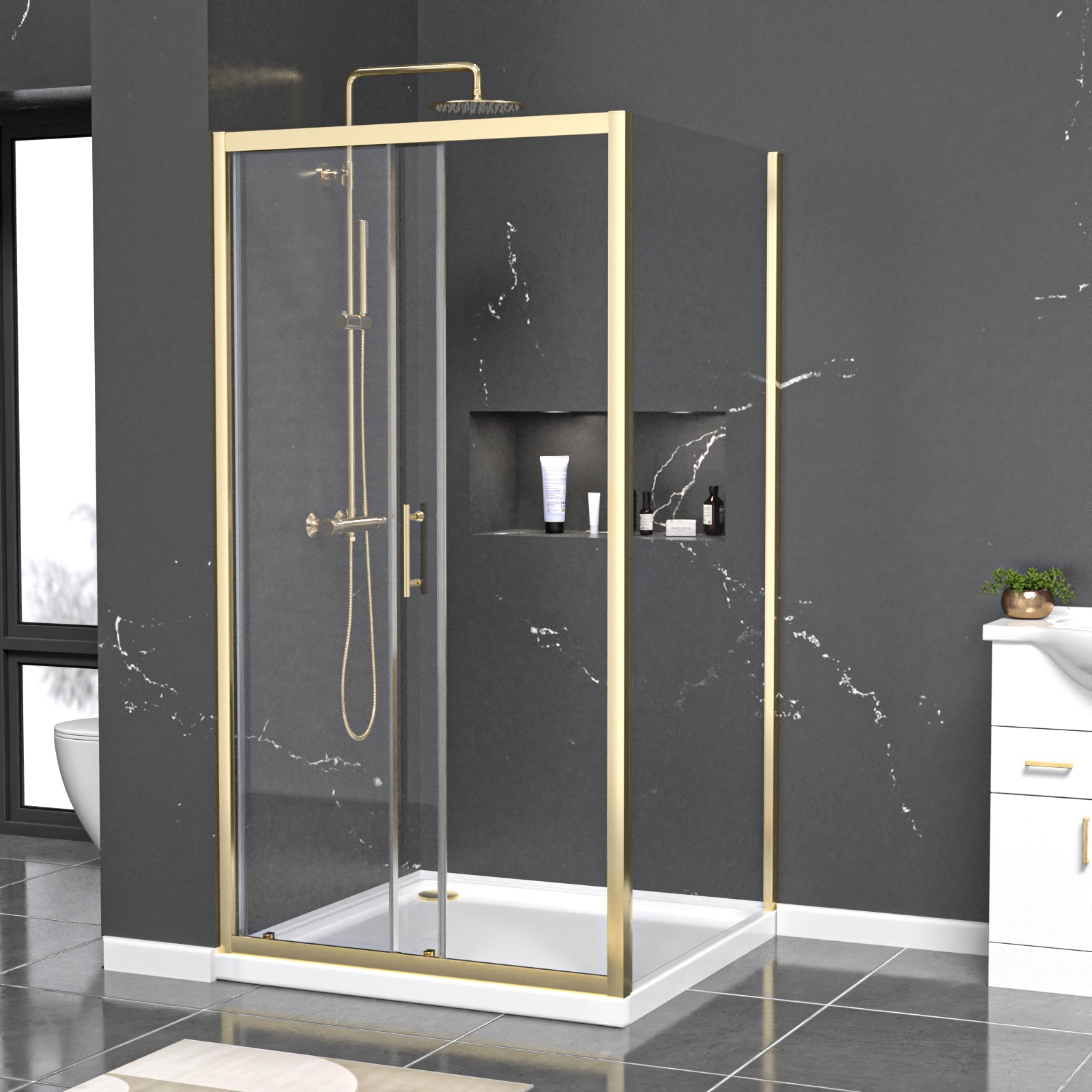 Manga 1000 x 1000mm Brushed Brass Framed Shower Enclosure Sliding Door & Side Panel
