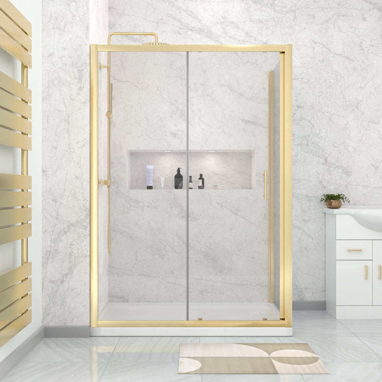 Brushed Brass 1000 x 700mm Shower Enclosure Sliding Door Panel & Tray