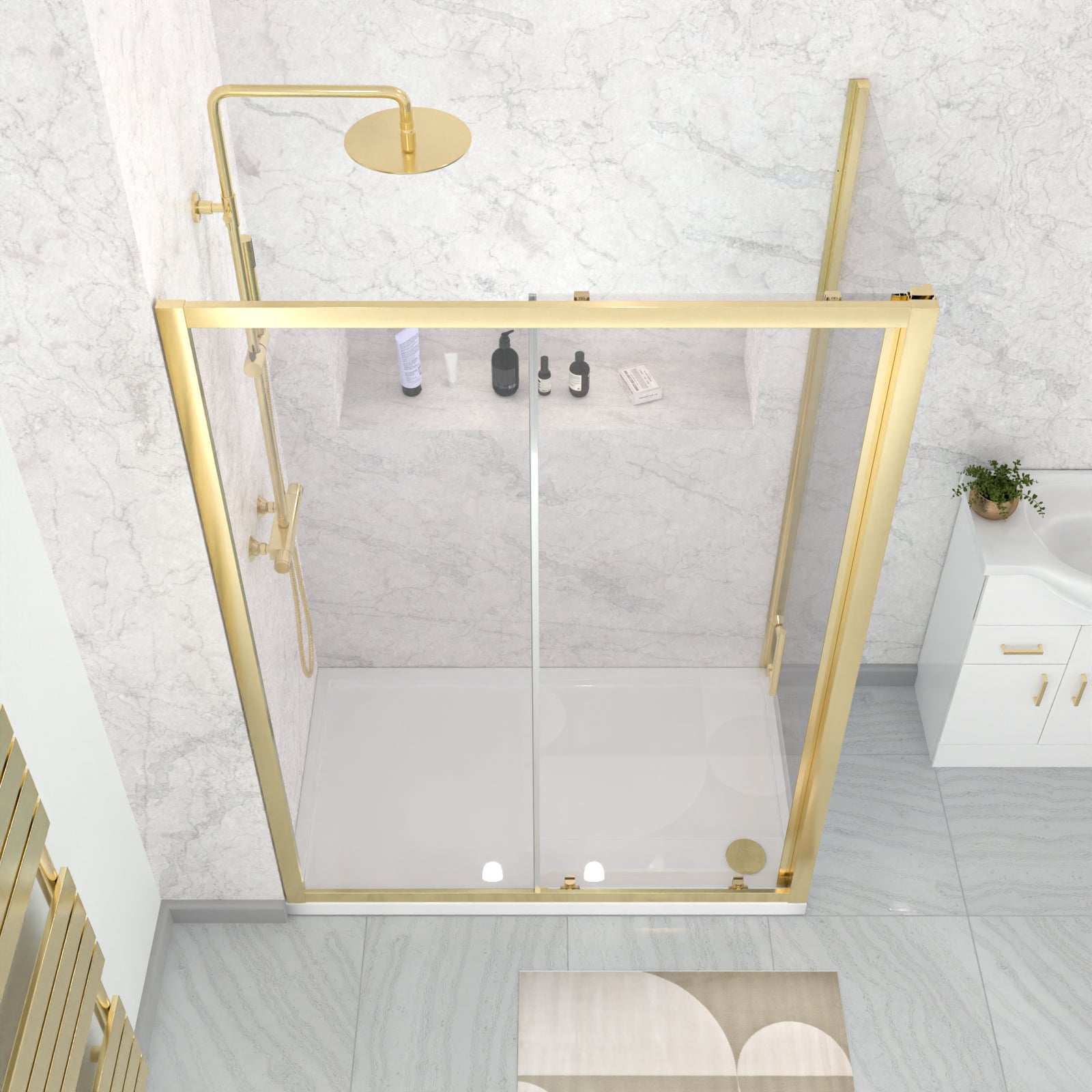 Brushed Brass 1000 x 700mm Shower Enclosure Sliding Door Panel & Tray