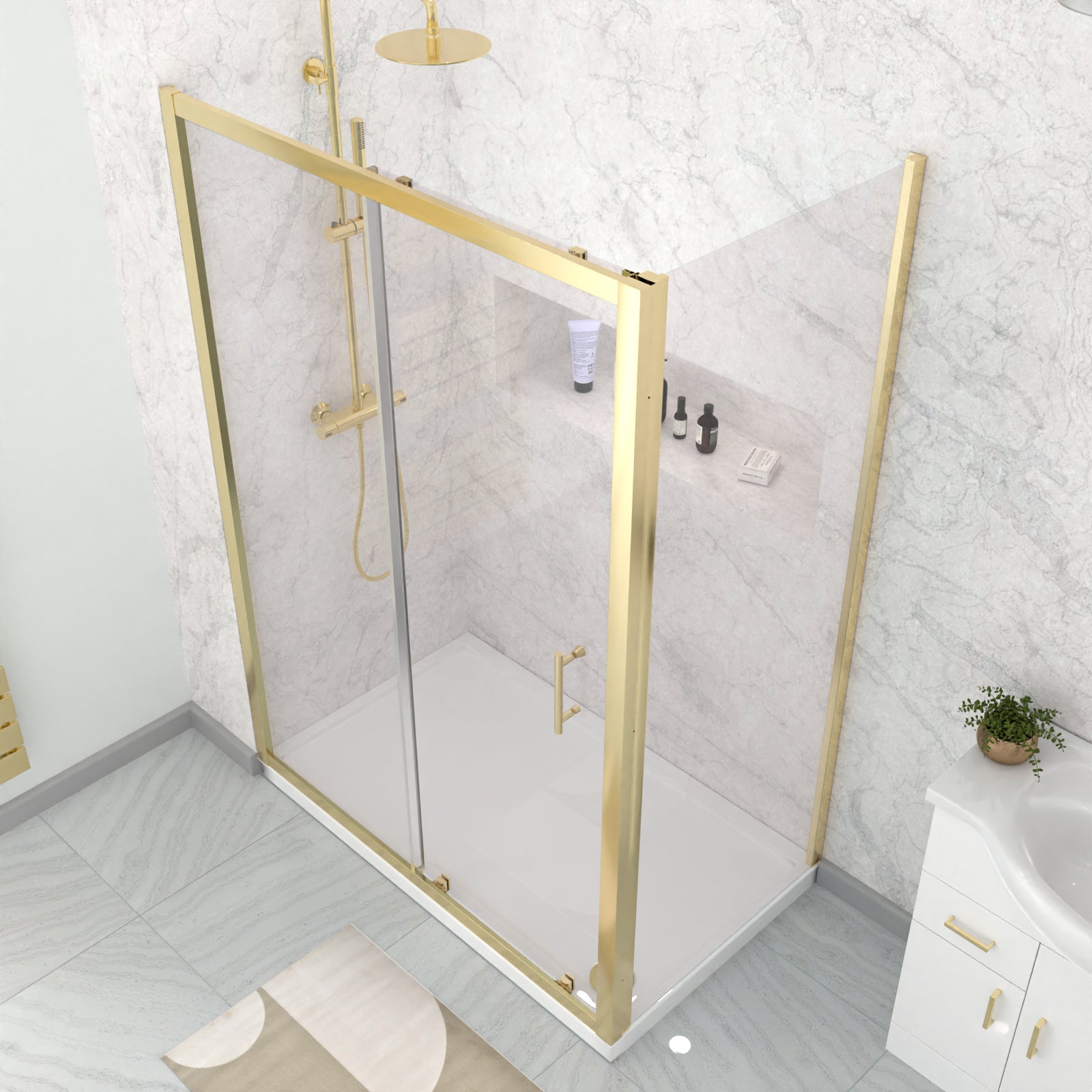 Brushed Brass 1000 x 700mm Shower Enclosure Sliding Door Panel & Tray