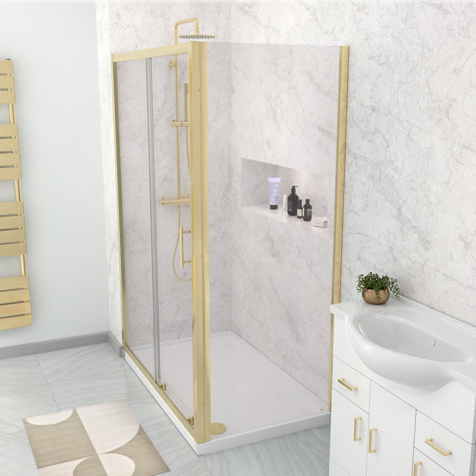 Brushed Brass 1000 x 700mm Shower Enclosure Sliding Door Panel & Tray