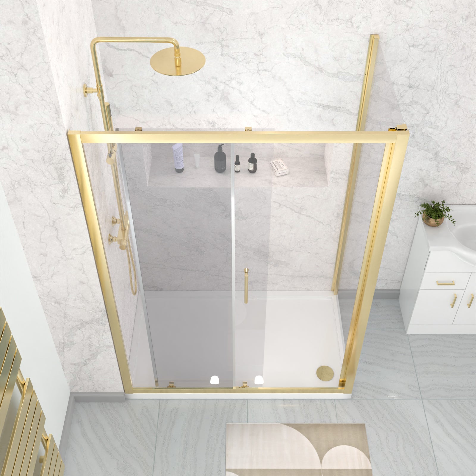 Brushed Brass 1000 x 700mm Shower Enclosure Sliding Door Panel & Tray