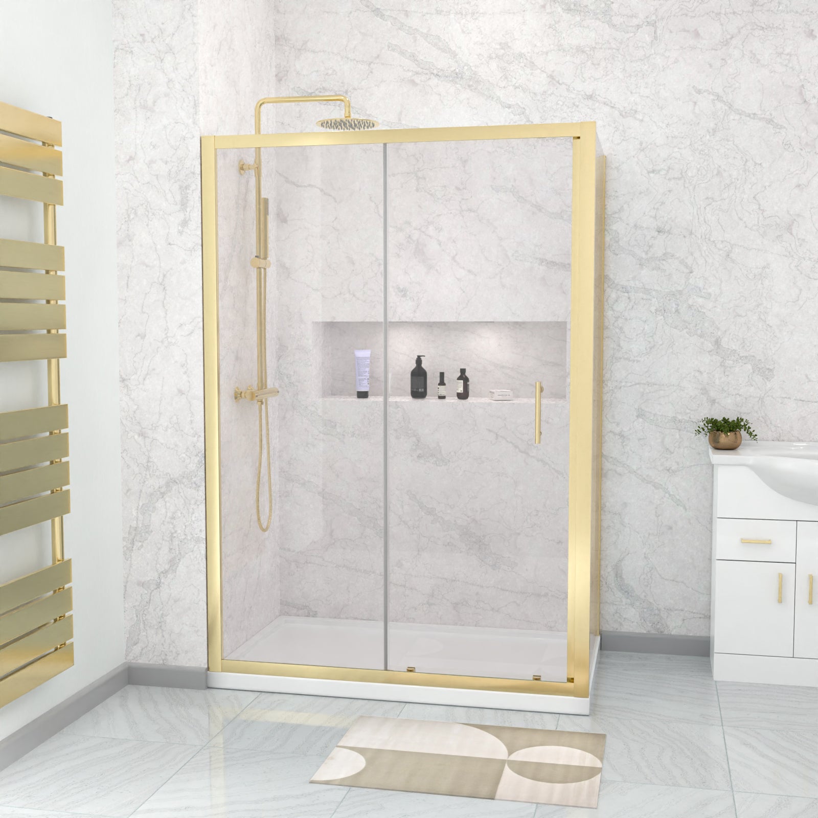 Brushed Brass 1000 x 700mm Shower Enclosure Sliding Door Panel & Tray