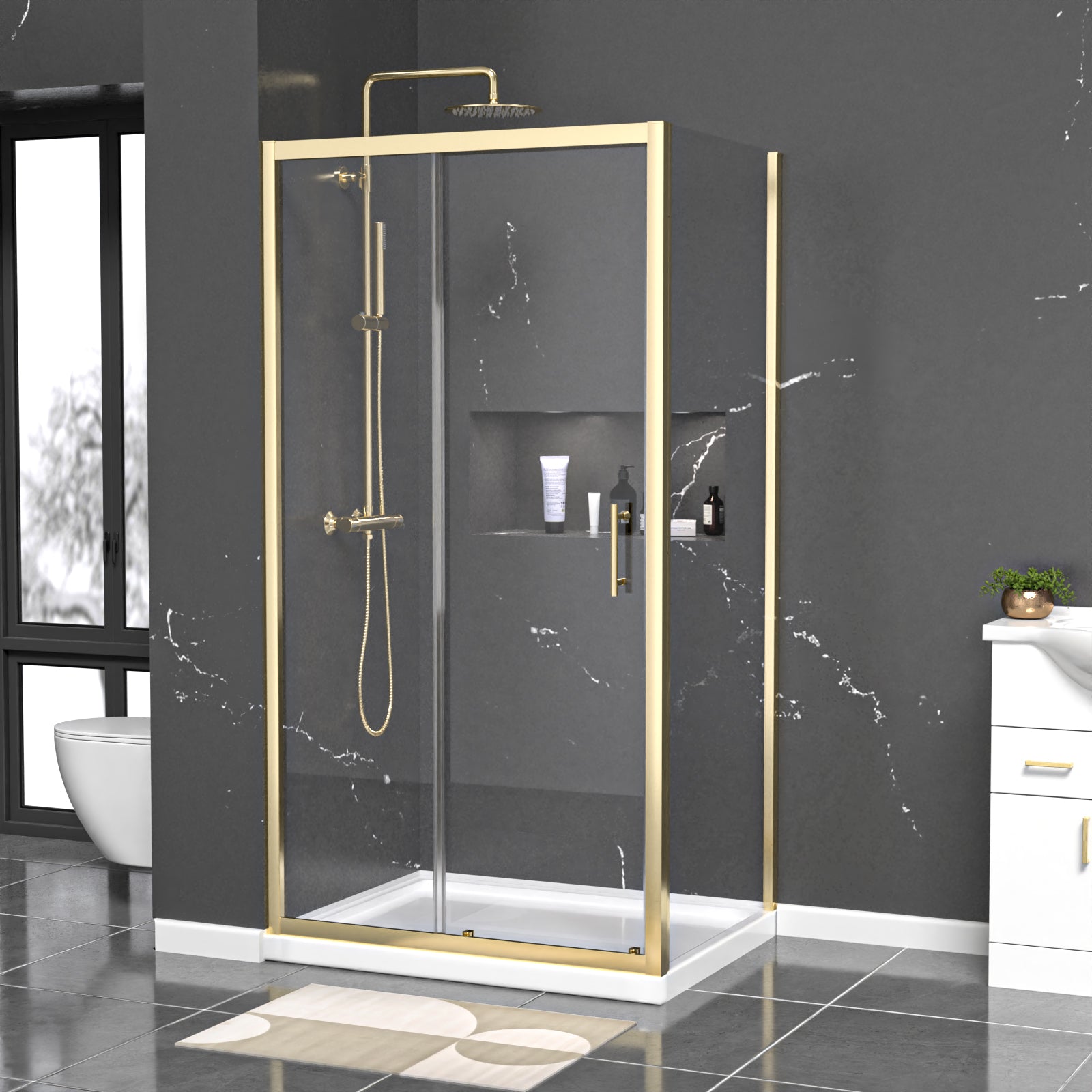 Manga 1000 x 800mm Brushed Brass Framed Shower Enclosure Sliding Door & Side Panel