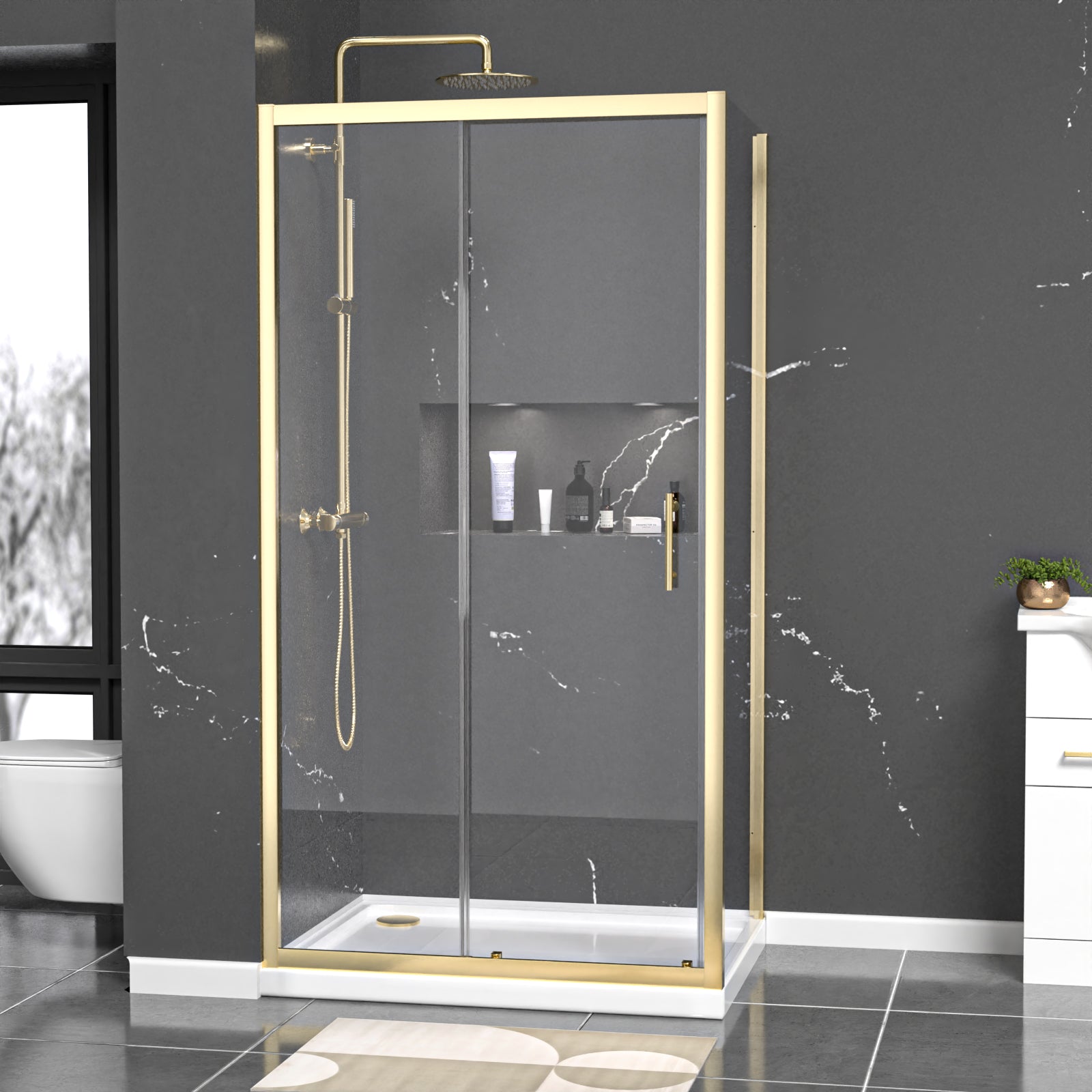 Brushed Brass 1000 x 700mm Shower Enclosure Sliding Door Panel & Tray