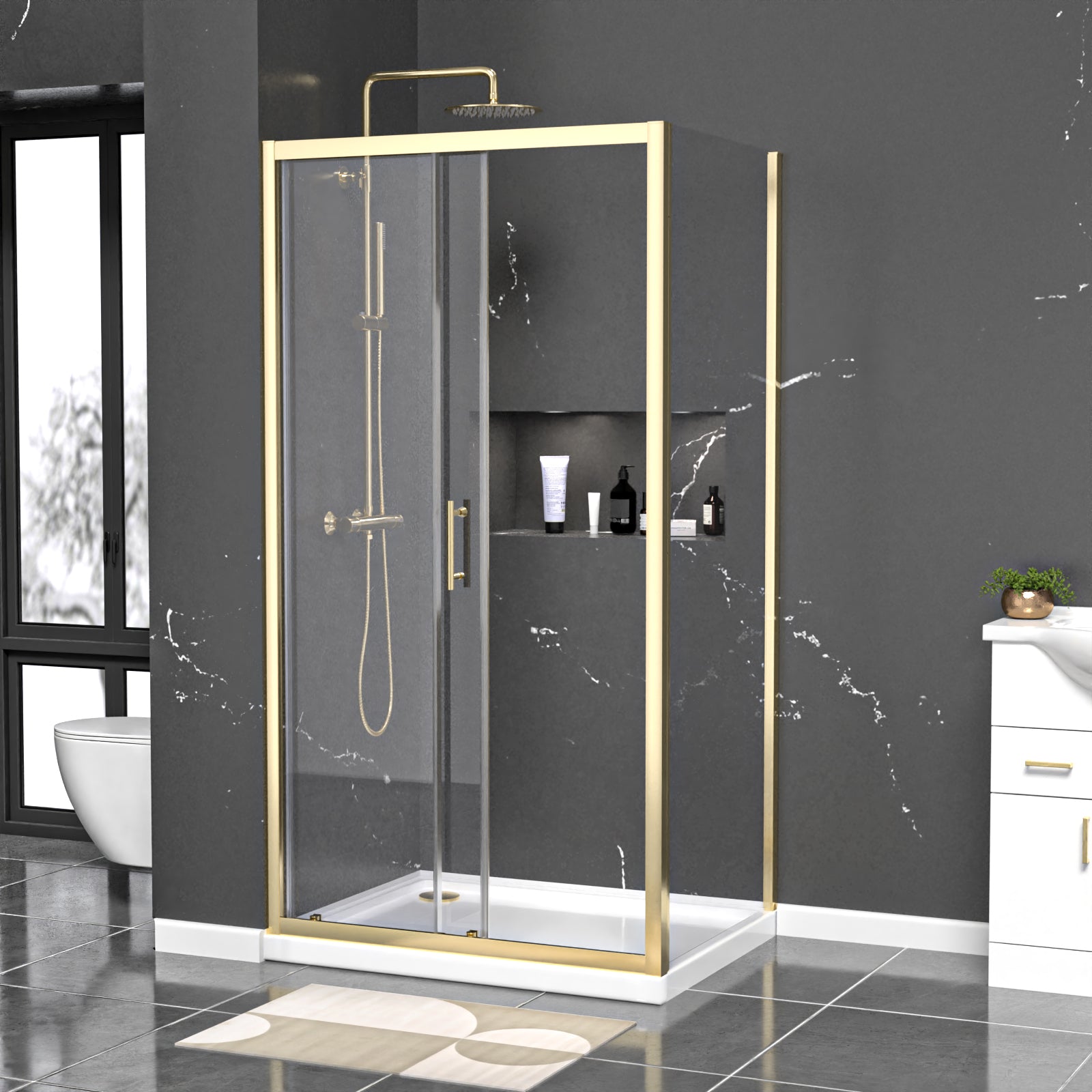Brushed Brass 1000 x 700mm Shower Enclosure Sliding Door Panel & Tray