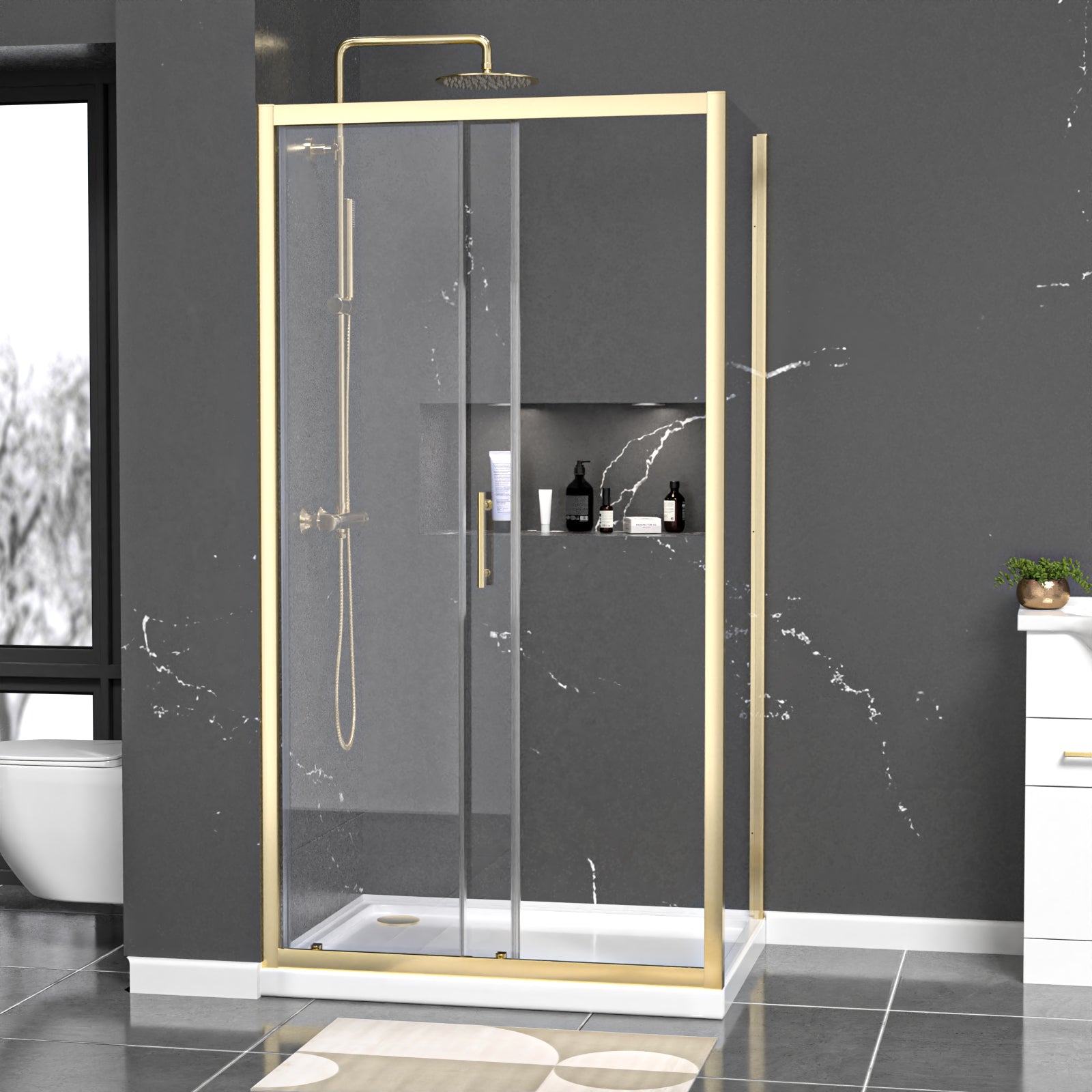 Brushed Brass 1000 x 700mm Shower Enclosure Sliding Door Panel & Tray