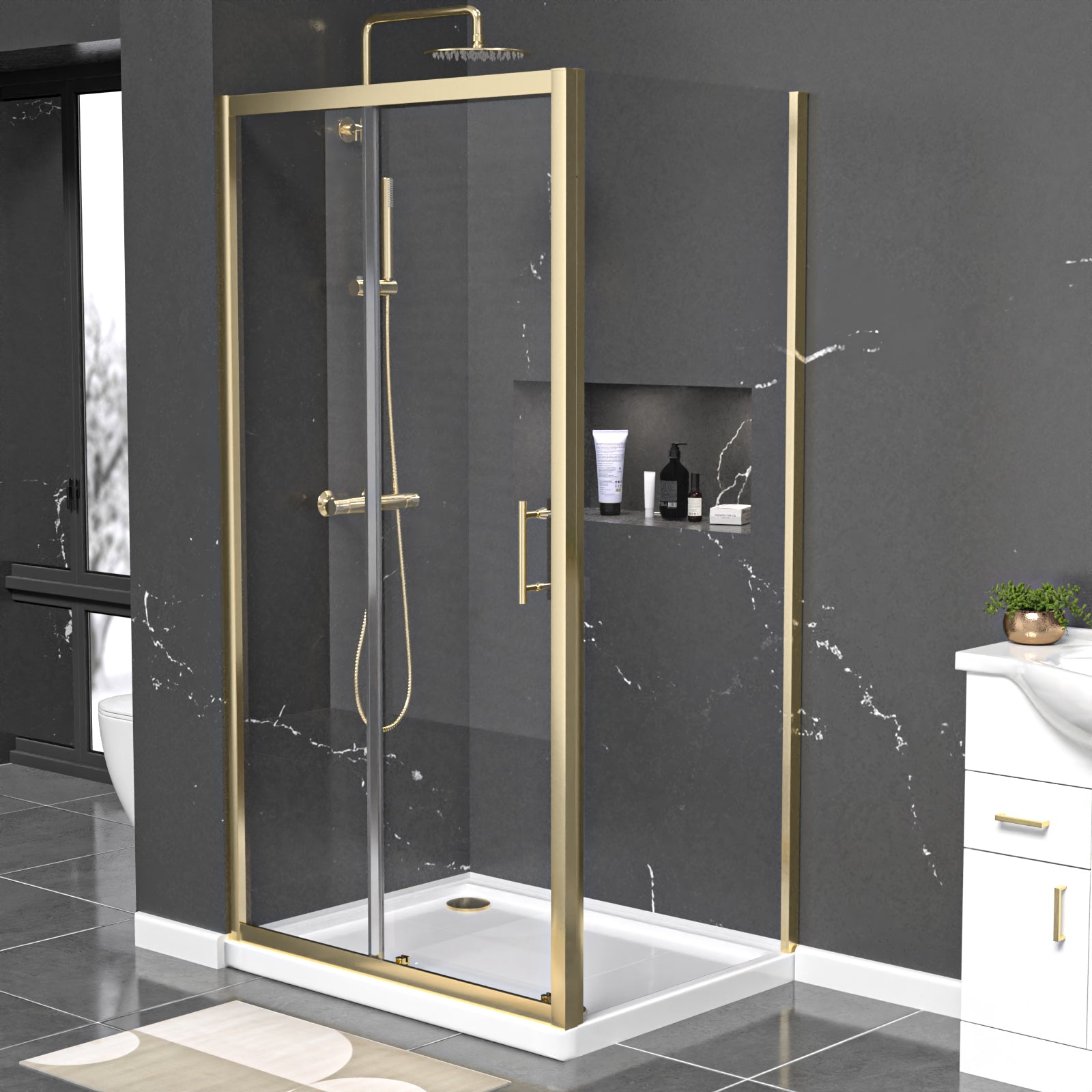 Brushed Brass 1000 x 700mm Shower Enclosure Sliding Door Panel & Tray