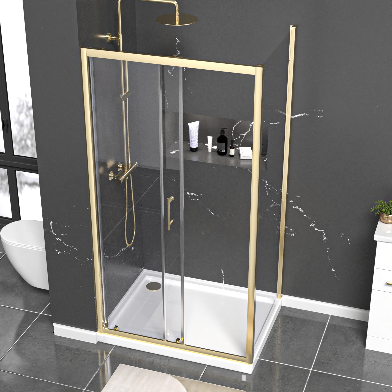 Manga 1000 x 900mm Brushed Brass Framed Shower Enclosure Sliding Door, Panel & Tray