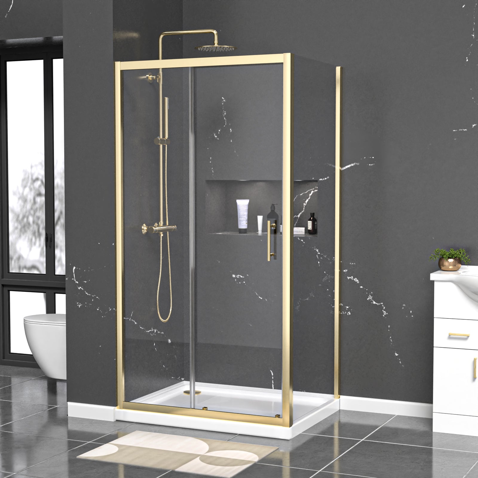 Brushed Brass 1000 x 700mm Shower Enclosure Sliding Door Panel & Tray