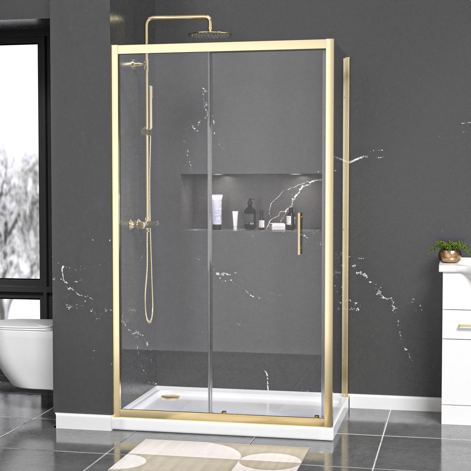 Manga 1100 x 800mm Shower Enclosure Sliding Door, Panel & Tray Brushed Brass