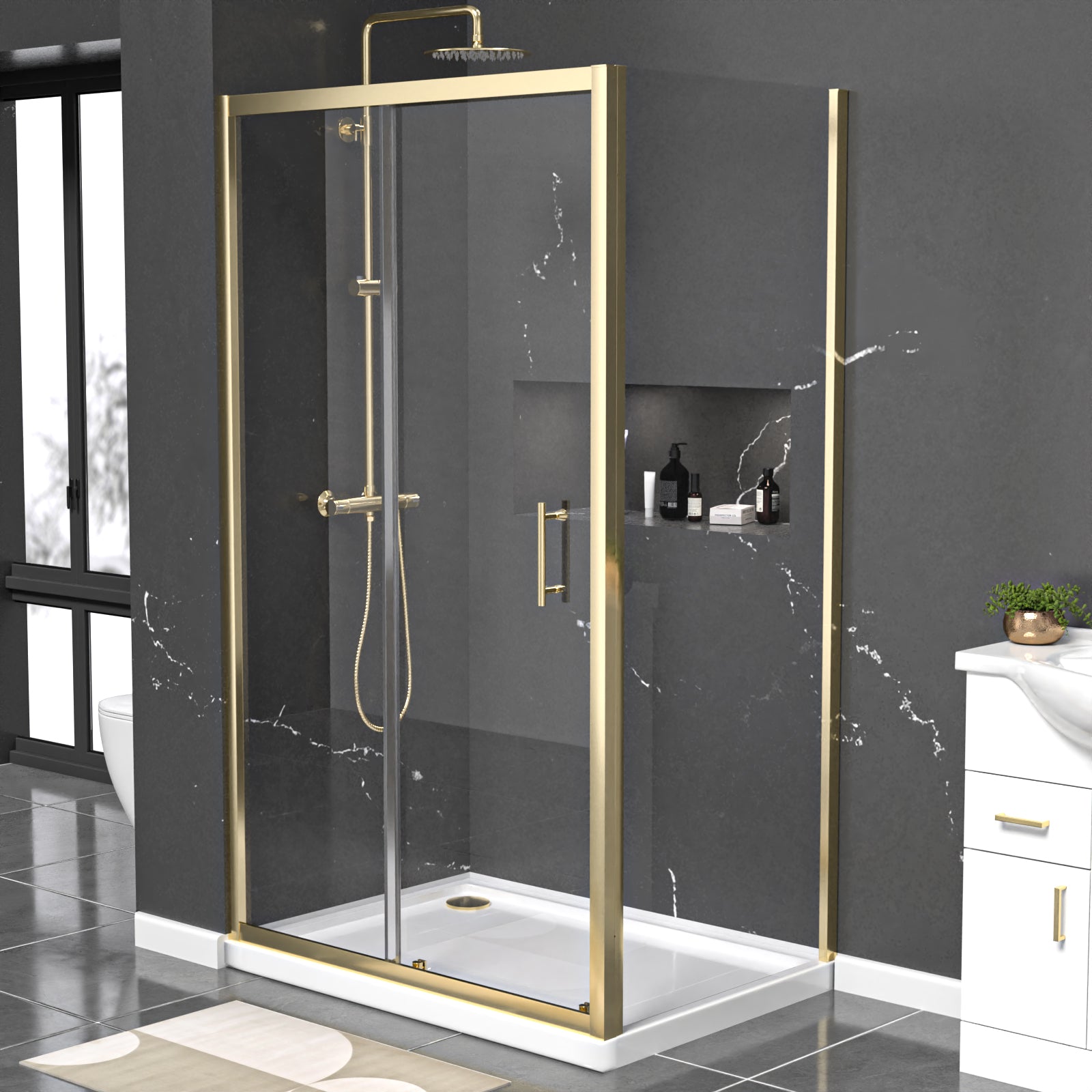 Manga 1100 x 800mm Shower Enclosure Sliding Door, Panel & Tray Brushed Brass