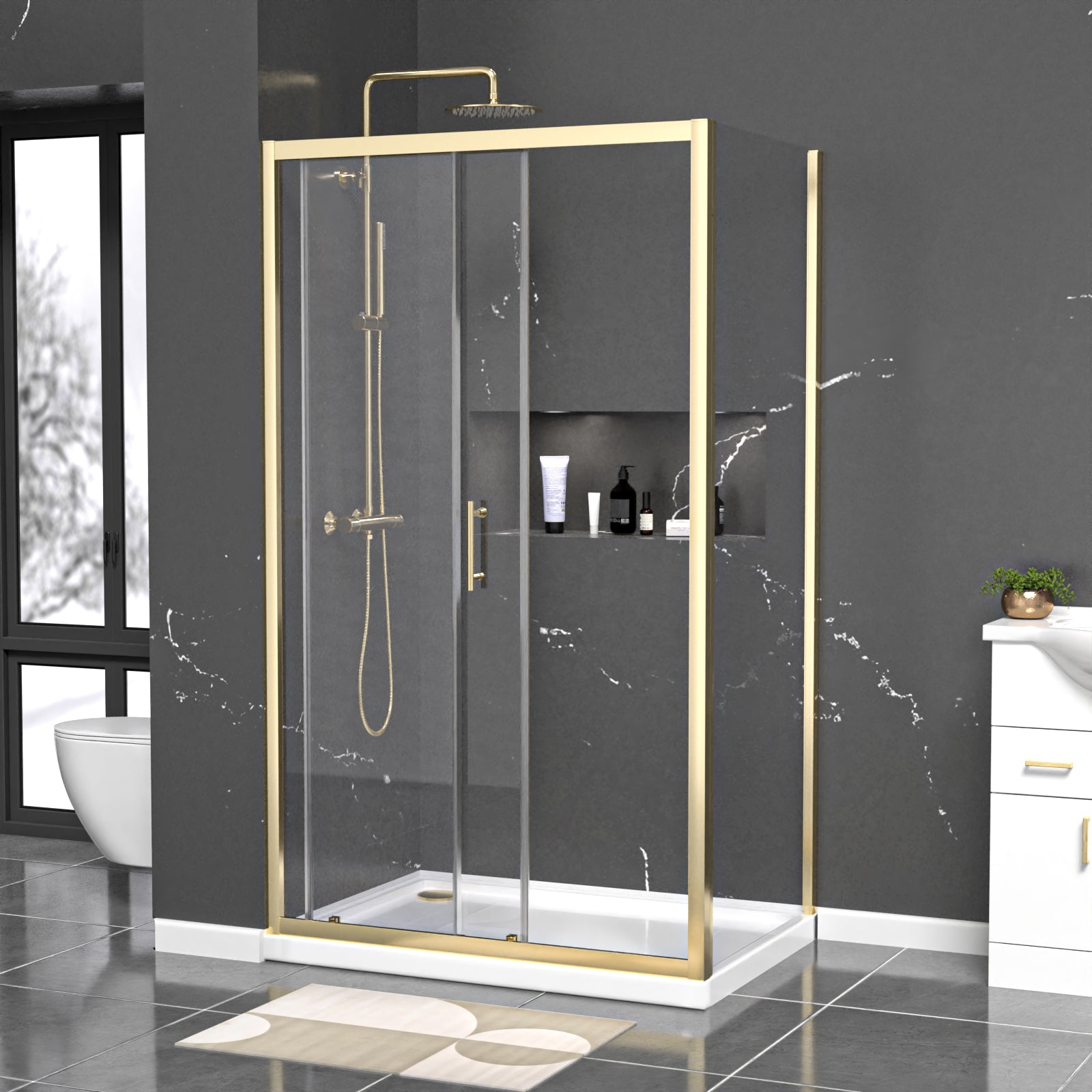 Manga 1100 x 800mm Shower Enclosure Sliding Door, Panel & Tray Brushed Brass