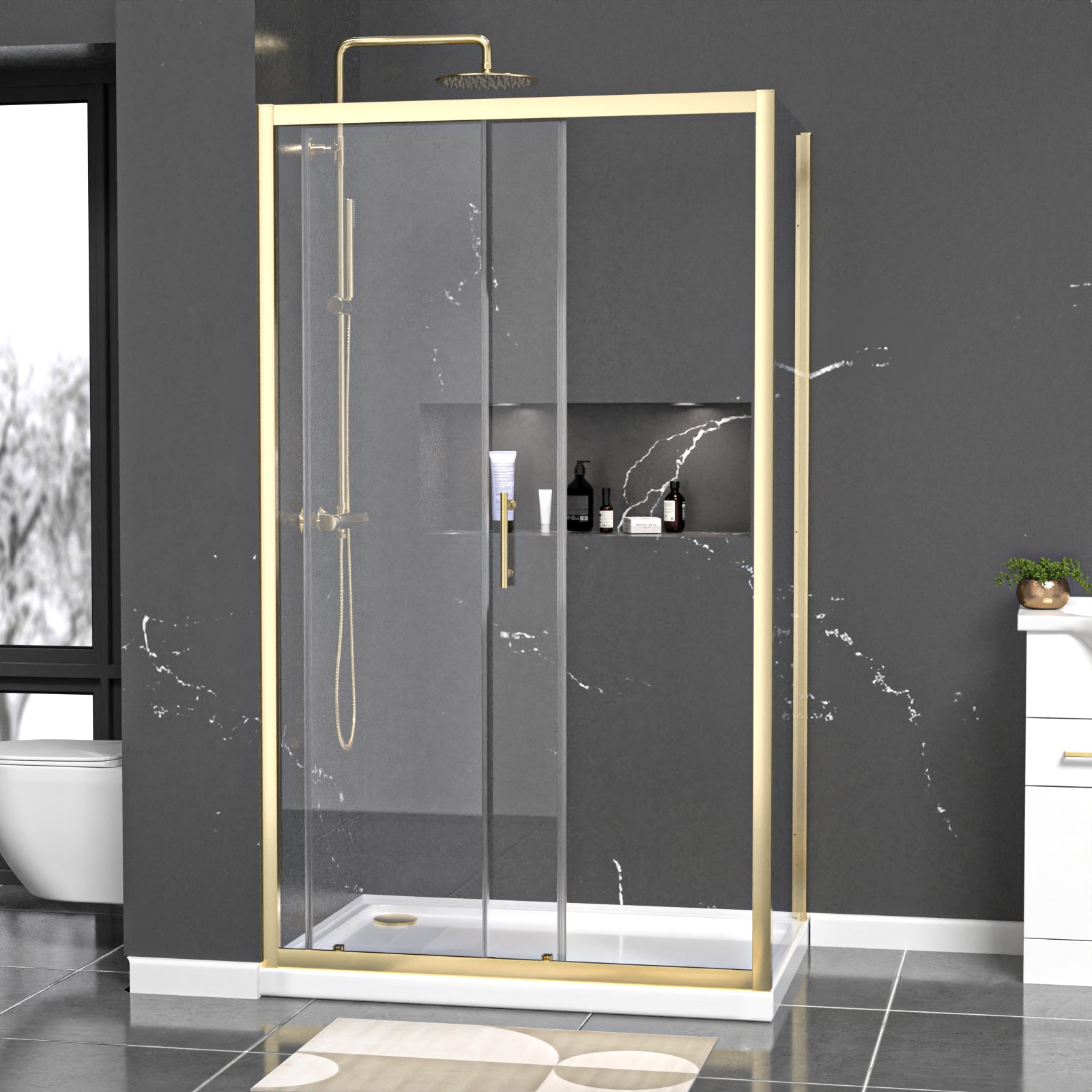 Manga 1100 x 800mm Shower Enclosure Sliding Door, Panel & Tray Brushed Brass
