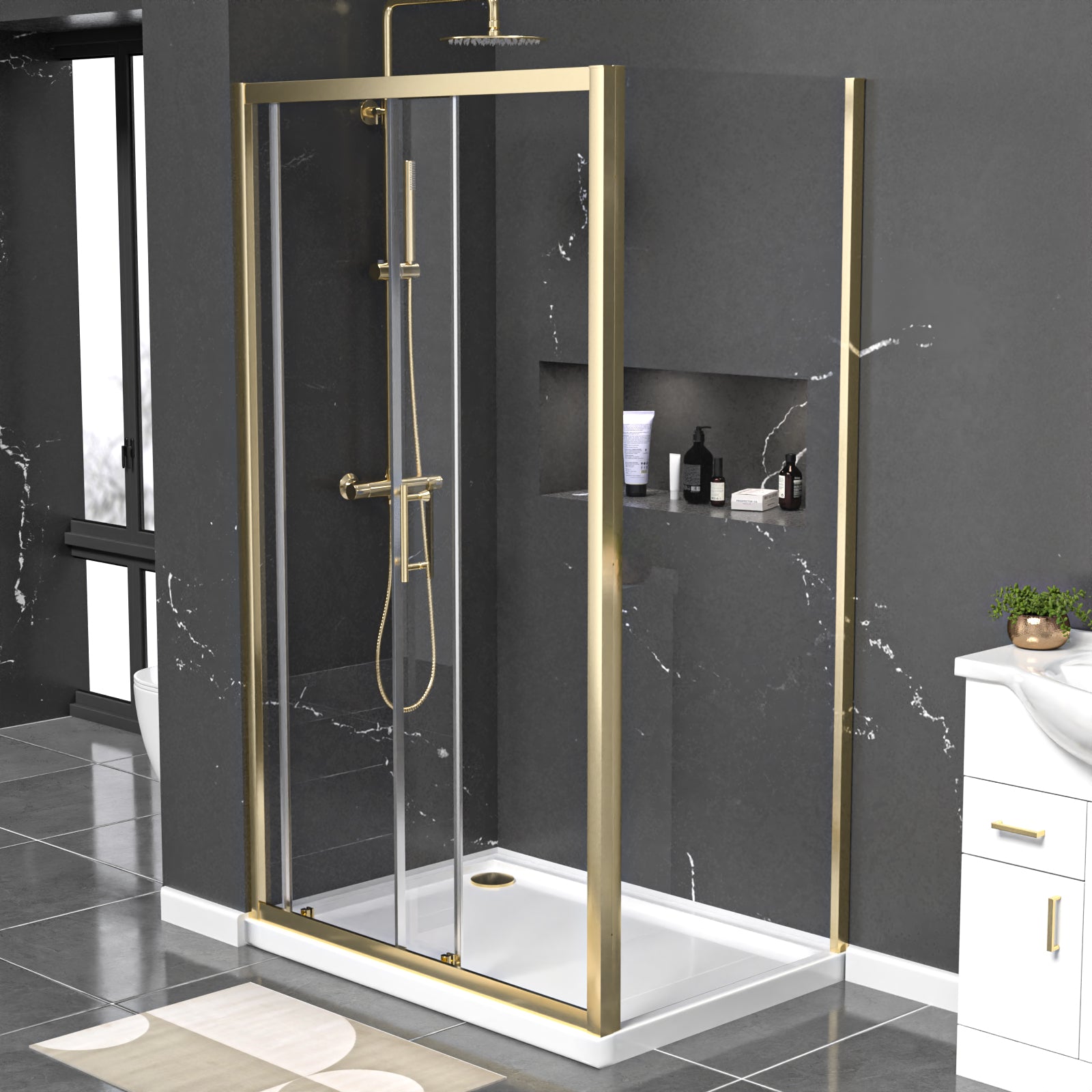 Manga 1100 x 800mm Shower Enclosure Sliding Door, Panel & Tray Brushed Brass