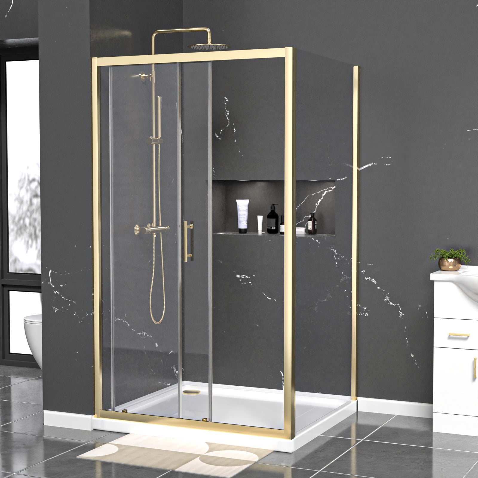 Manga 1100 x 1000mm Brushed Brass Framed Shower Enclosure Sliding Door & Side Panel