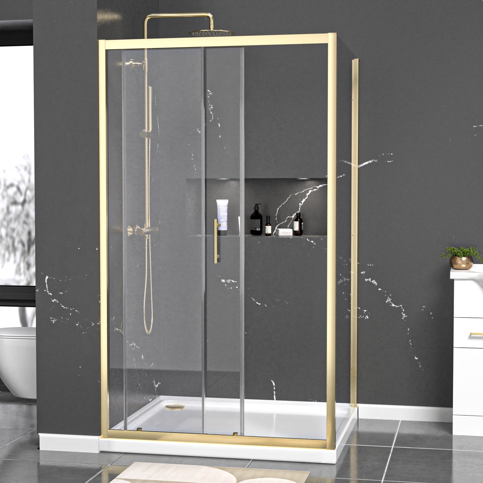 Manga 1100 x 1000mm Brushed Brass Framed Shower Enclosure Sliding Door & Side Panel