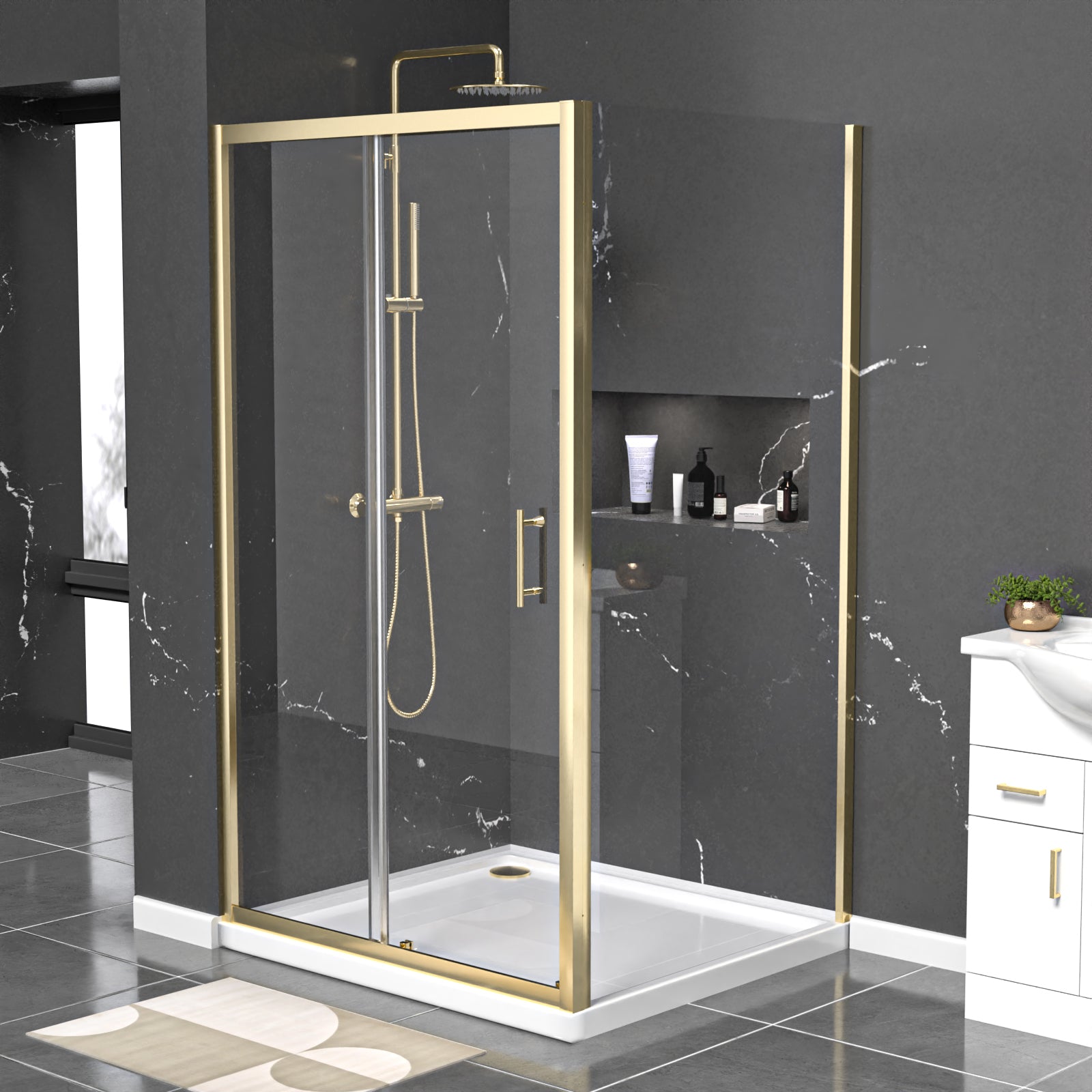 Manga 1100 x 1000mm Brushed Brass Framed Shower Enclosure Sliding Door & Side Panel