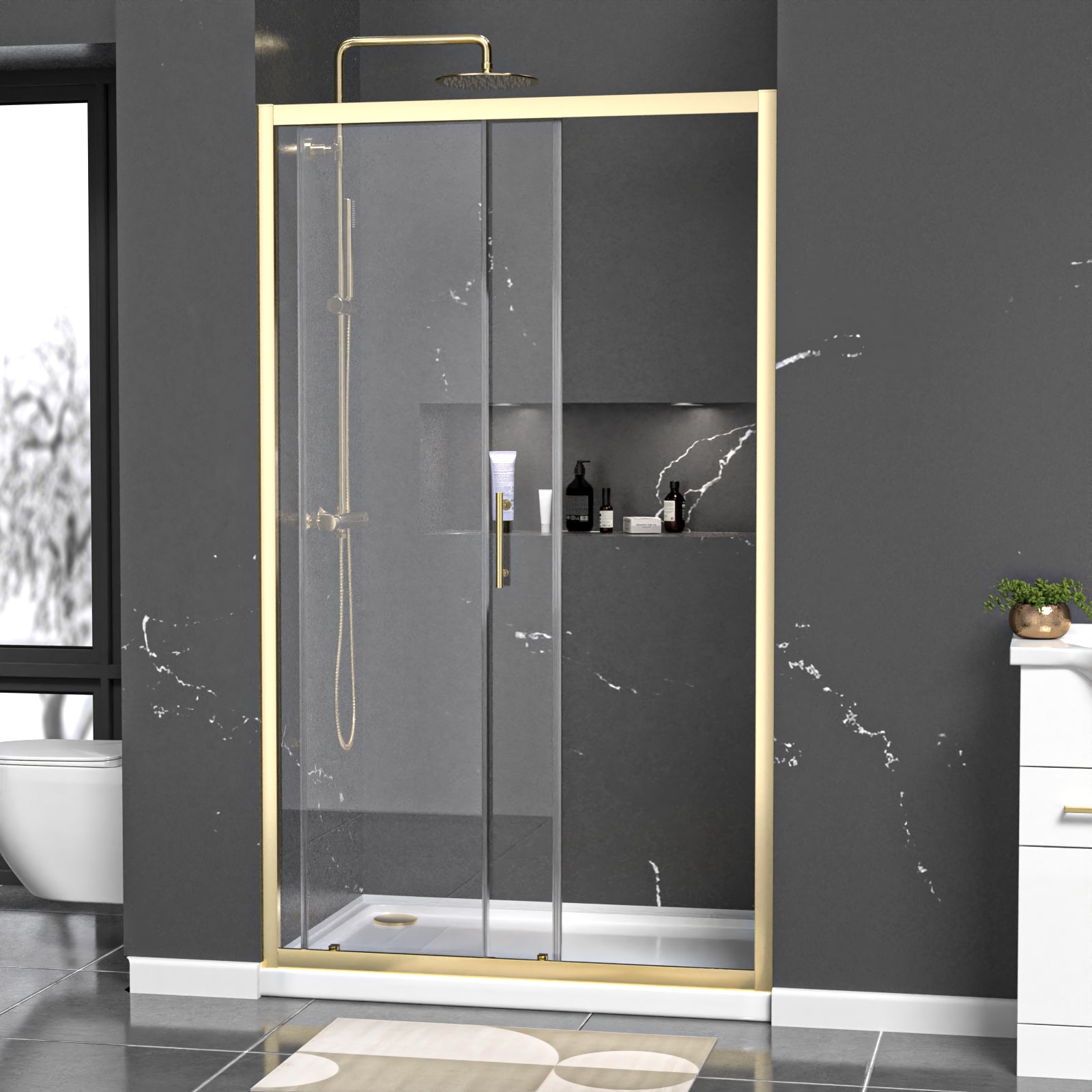 Manga 1100mm x 1850mm Shower Enclosure 6mm Glass Slider Door Brushed Brass