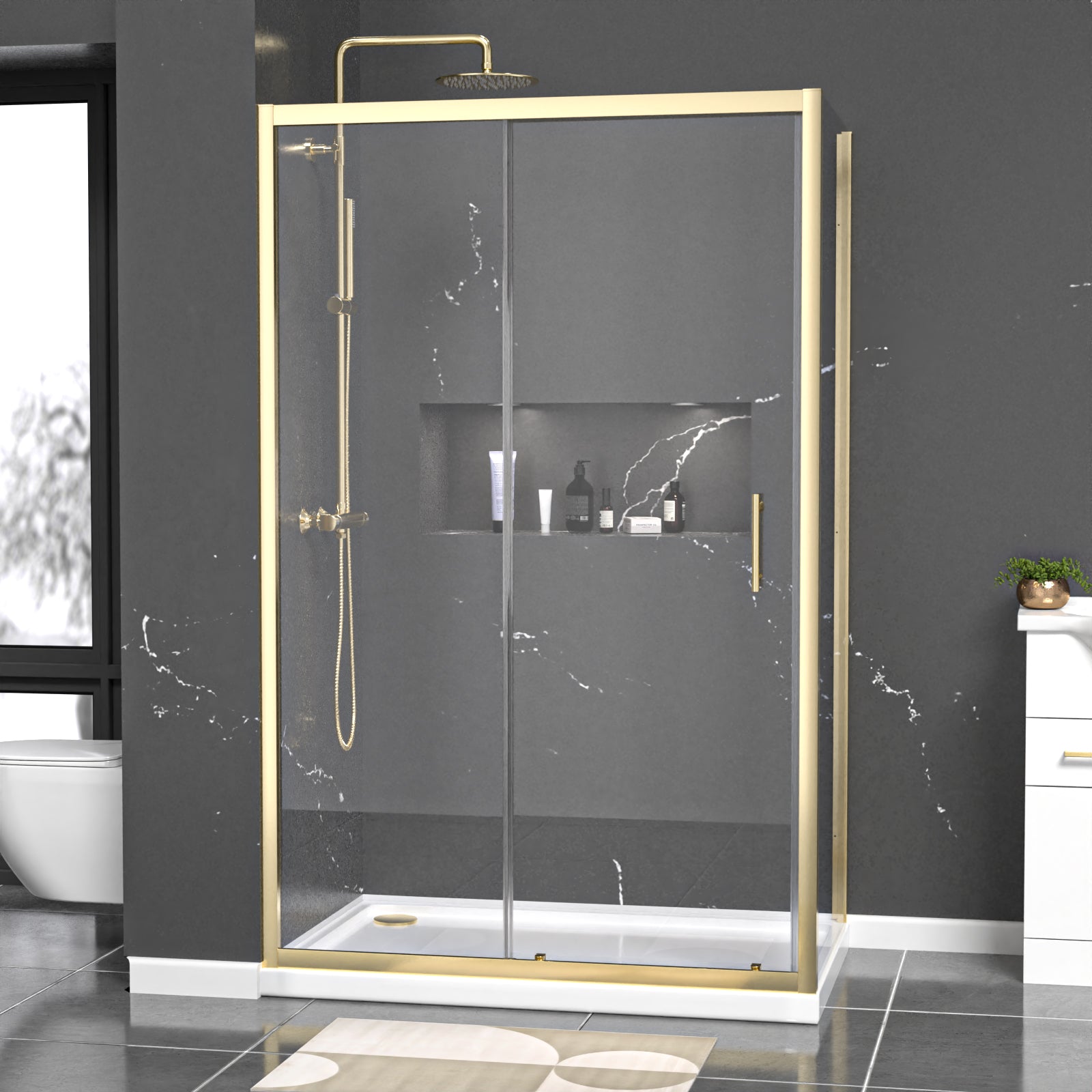 Manga 1200 x 700mm Shower Enclosure Sliding Door, Panel & Tray Brushed Brass