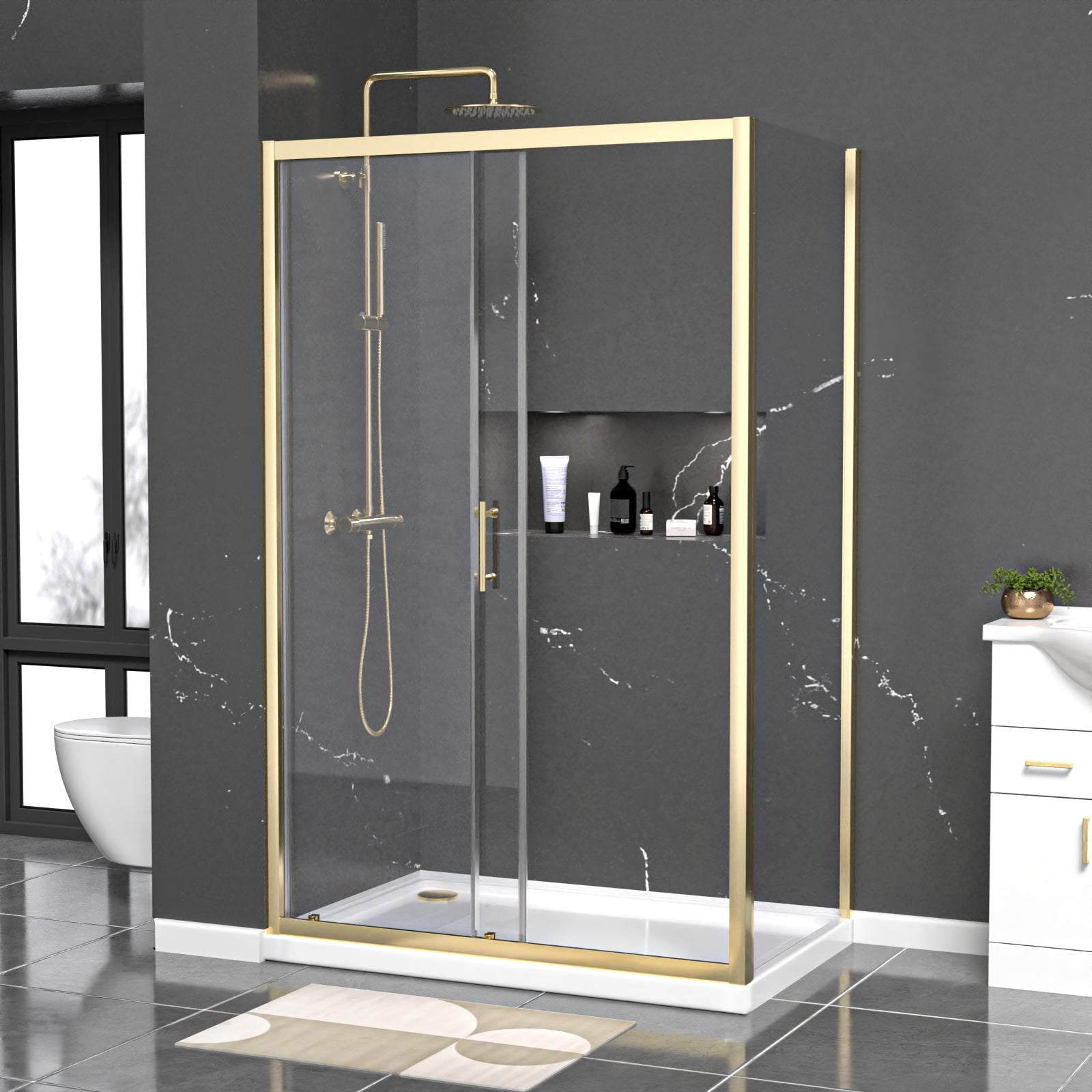 Manga 1200 x 800mm Brushed Brass Framed Shower Enclosure Sliding Door, Panel & Tray