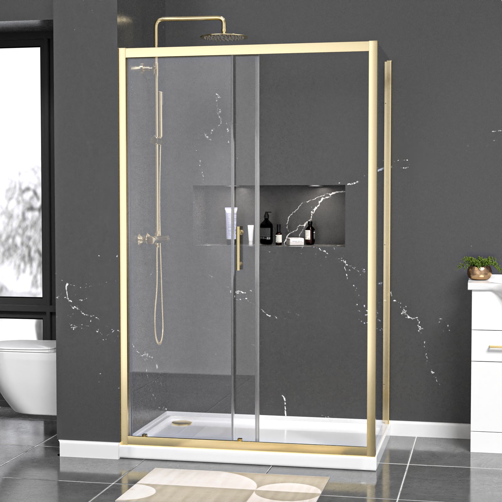 Manga 1200 x 800mm Brushed Brass Framed Shower Enclosure Sliding Door, Panel & Tray