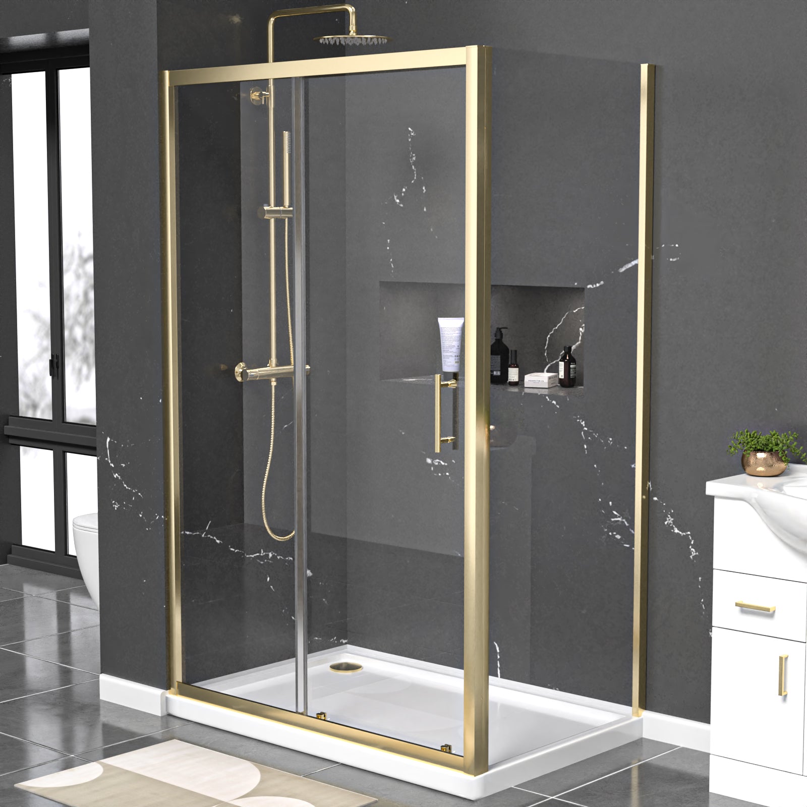 Manga 1200 x 800mm Brushed Brass Framed Shower Enclosure Sliding Door, Panel & Tray