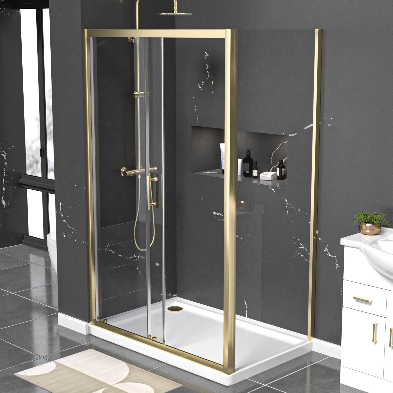 Manga 1200 x 800mm Brushed Brass Framed Shower Enclosure Sliding Door, Panel & Tray