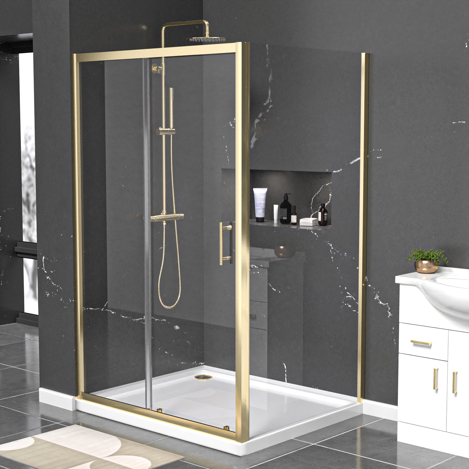 Manga 1200 x 900mm Shower Enclosure Sliding Door & Side Panel Brushed Brass