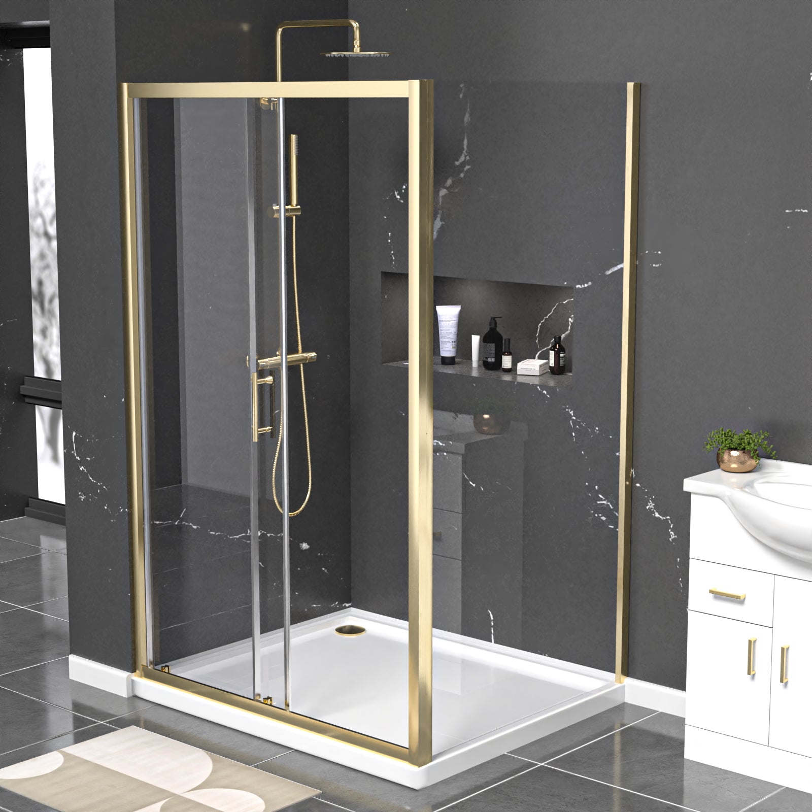 Manga 1200 x 1000mm Shower Enclosure Sliding Door, Panel & Tray Brushed Brass