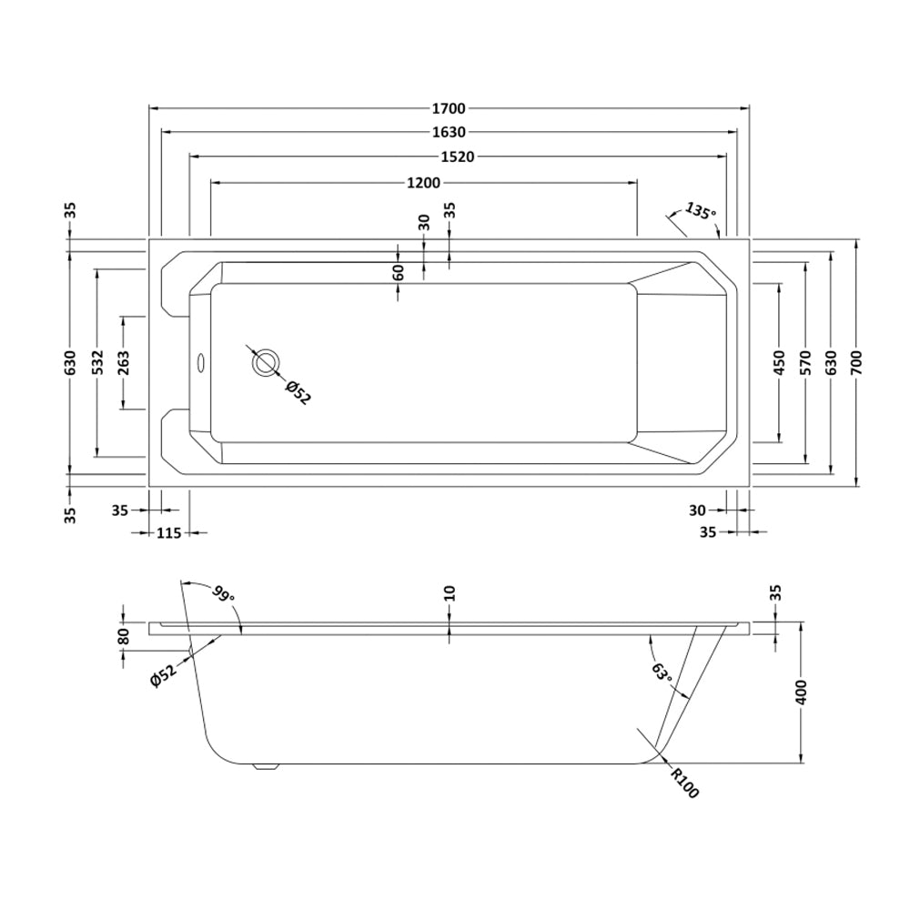 Nuie Ascott 1700mm x 700mm White Square Single Ended Baths Acrylic