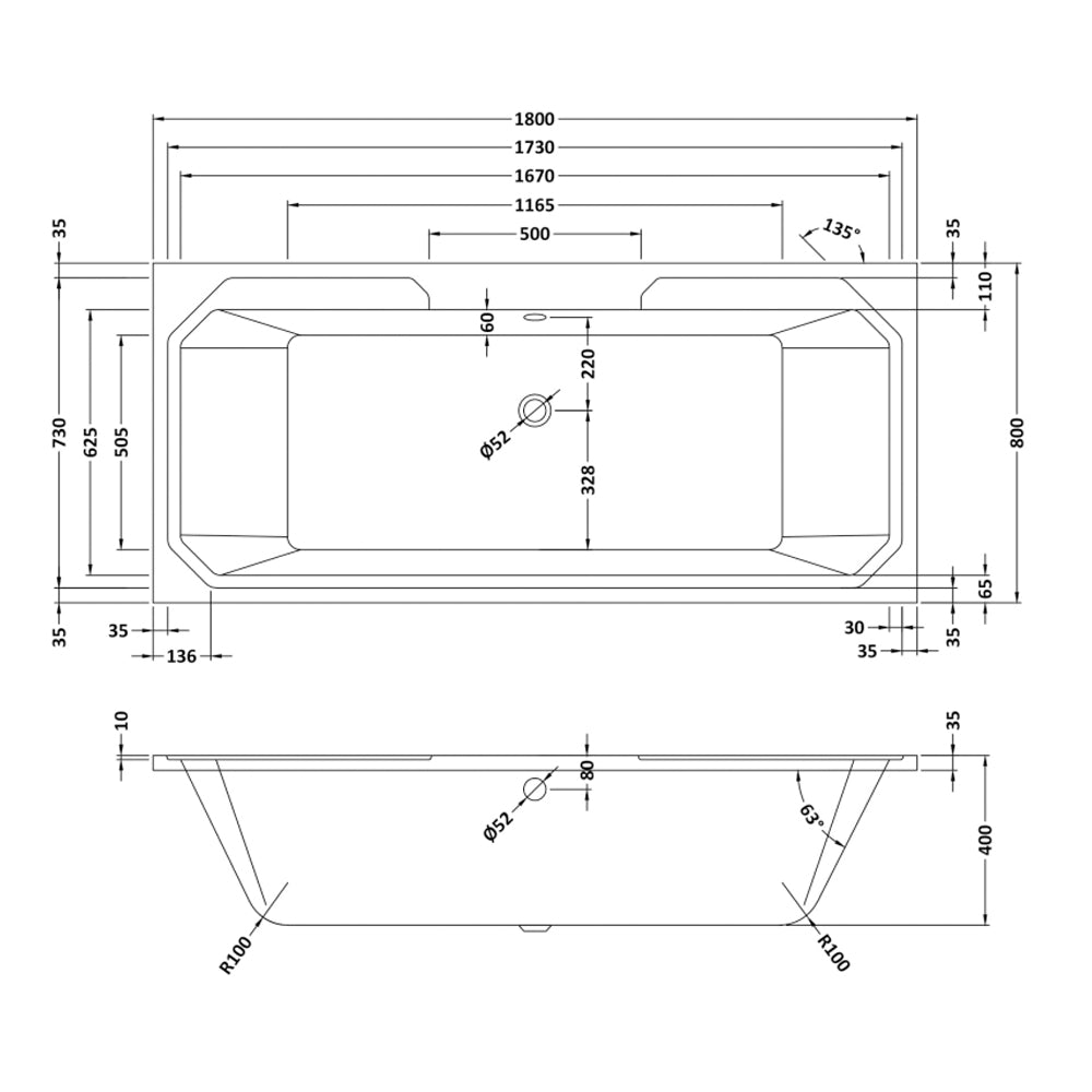 Nuie Ascott  1800mm Square White Double Ended Bath Acrylic