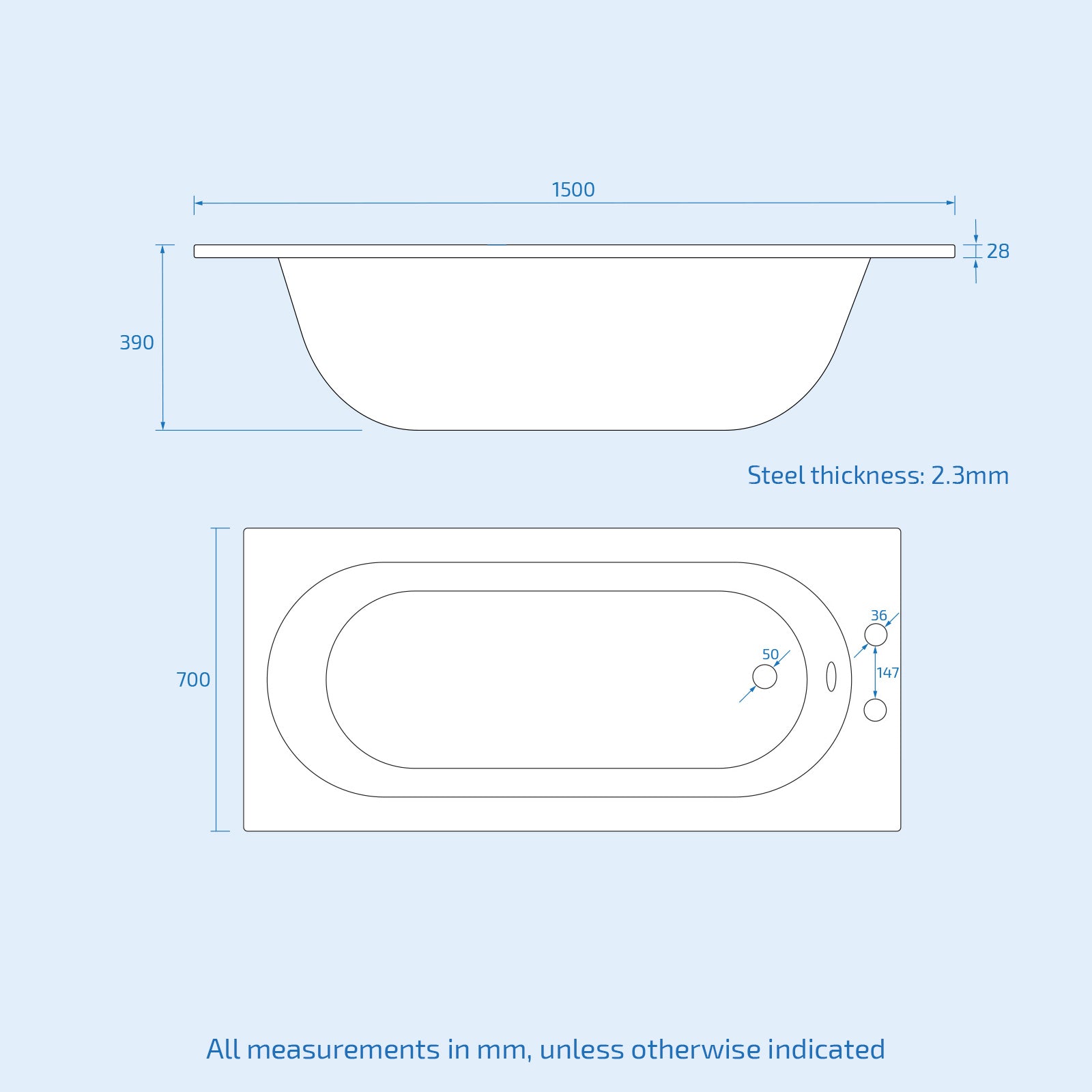 Dylan Premium 1500 x 700mm Steel Enamel Bath, 2 Tap Holes, Waste & Overflow