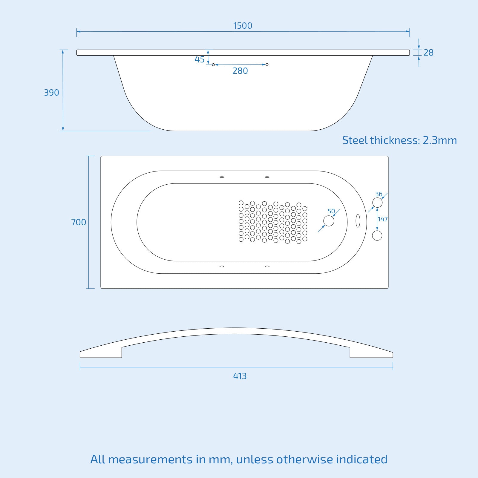 Dylan Premium 1500 x 700mm 2TH Steel Enamel Bath, Handles & Anti Slip Base