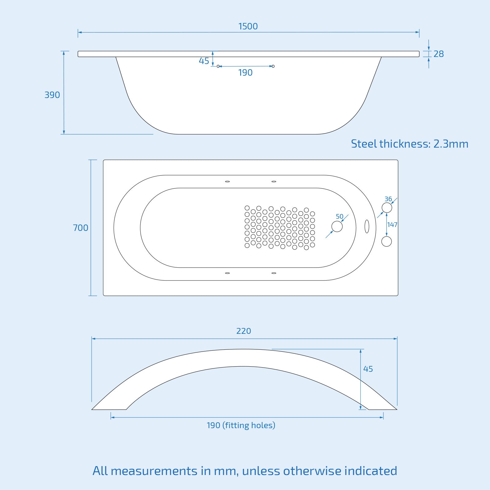 Dylan Premium 1500 x 700mm 2TH Steel Enamel Bath, Handles & Anti Slip Base