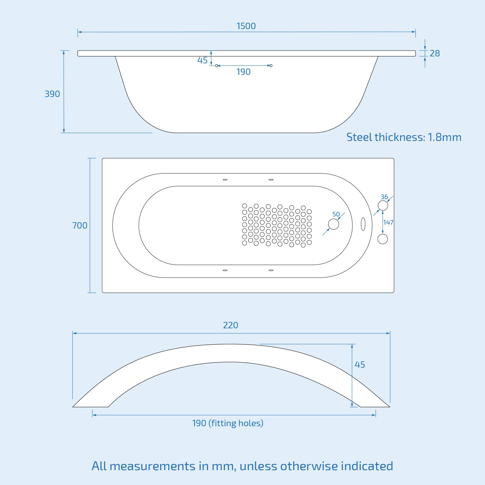 Dylan 1500 x 700mm 2TH Steel Enamel Bath with Handles & Anti Slip Base