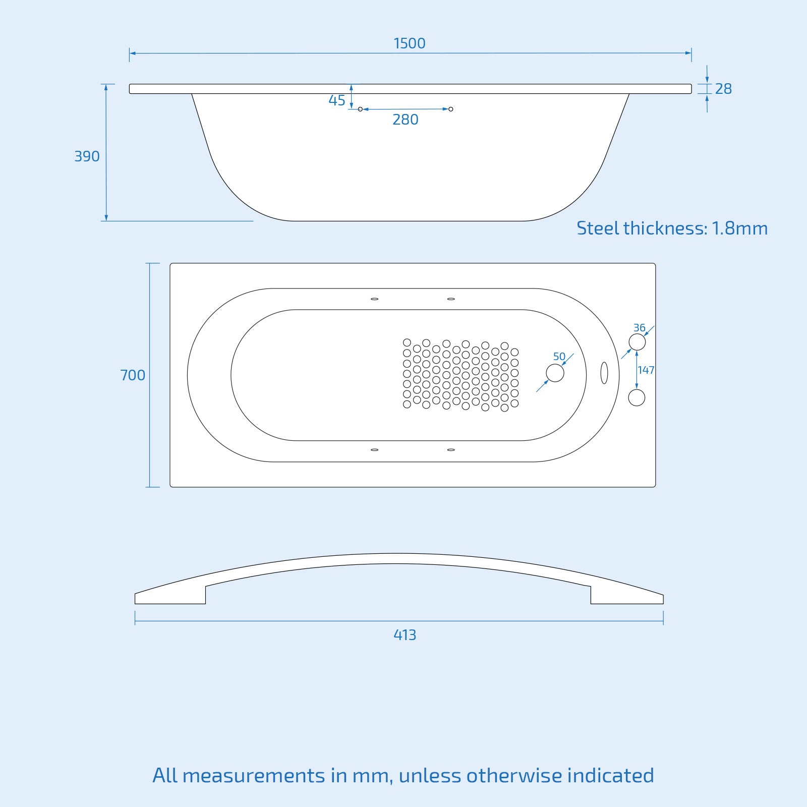 Dylan 1500 x 700mm 2TH Steel Enamel Bath with Handles & Anti Slip Base