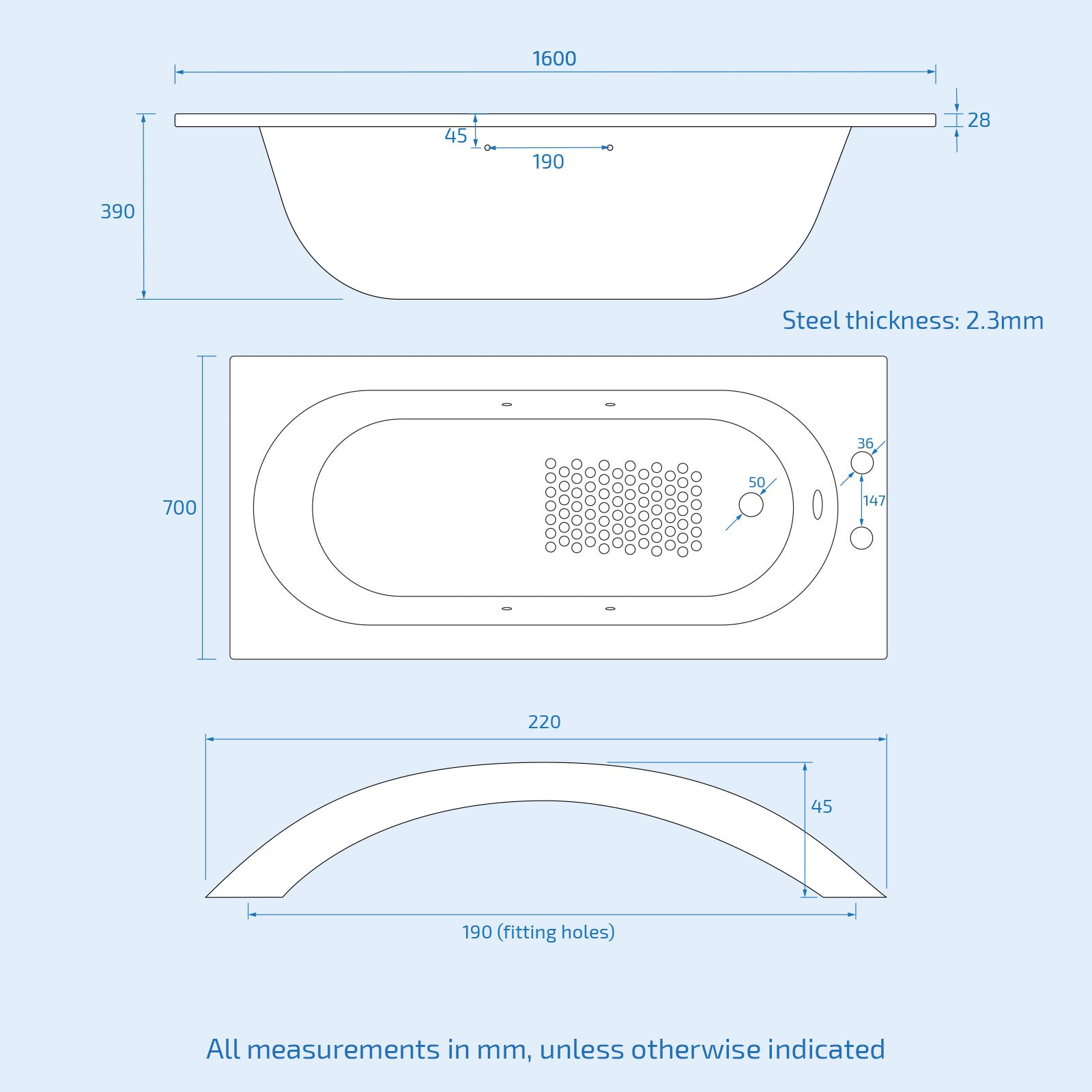 Dylan Premium 1600 x 700mm 2TH Steel Enamel Bath, Handles & Anti Slip Base