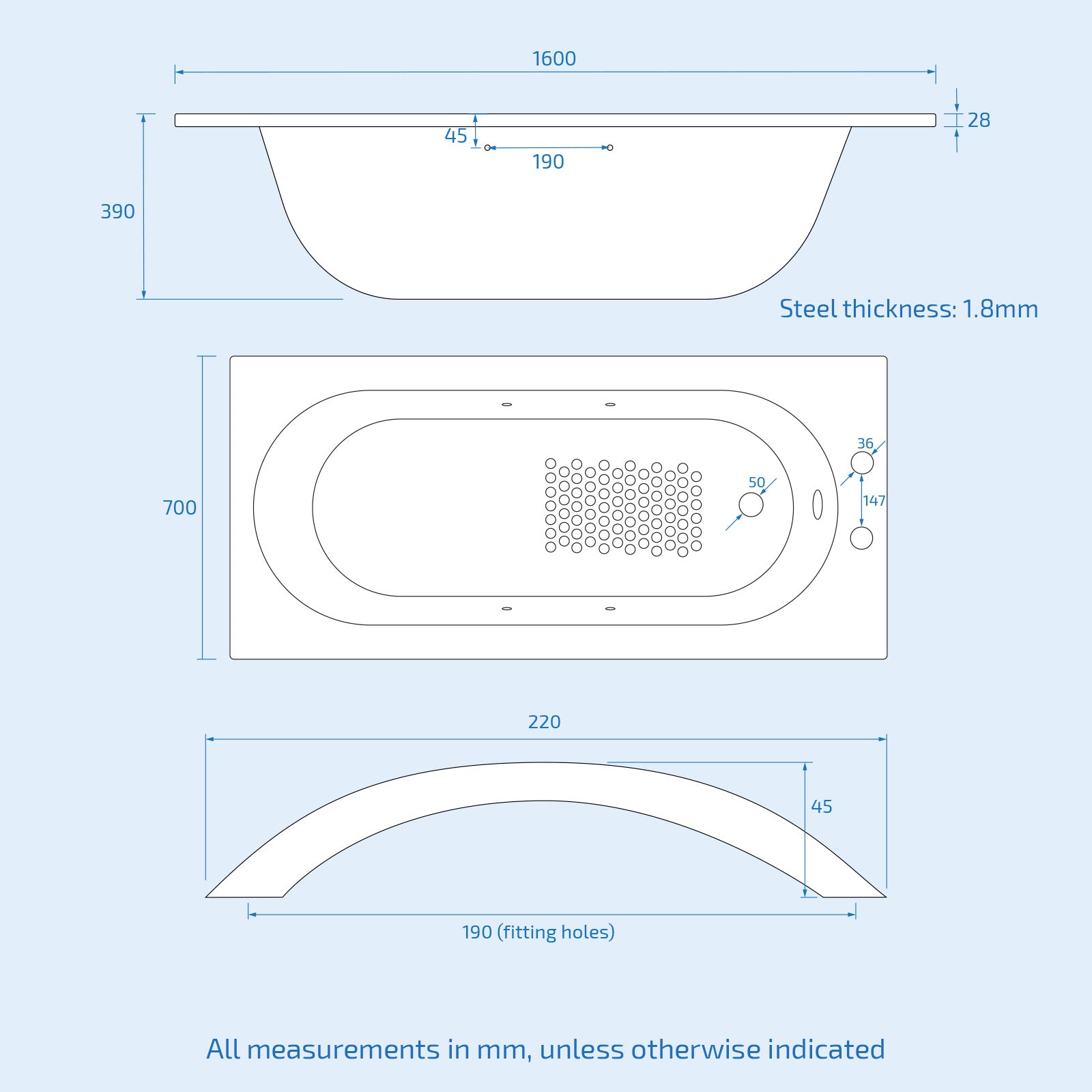 Dylan 1600 x 700mm 2TH Steel Enamel Bath with Chrome Handles & Anti Slip Base