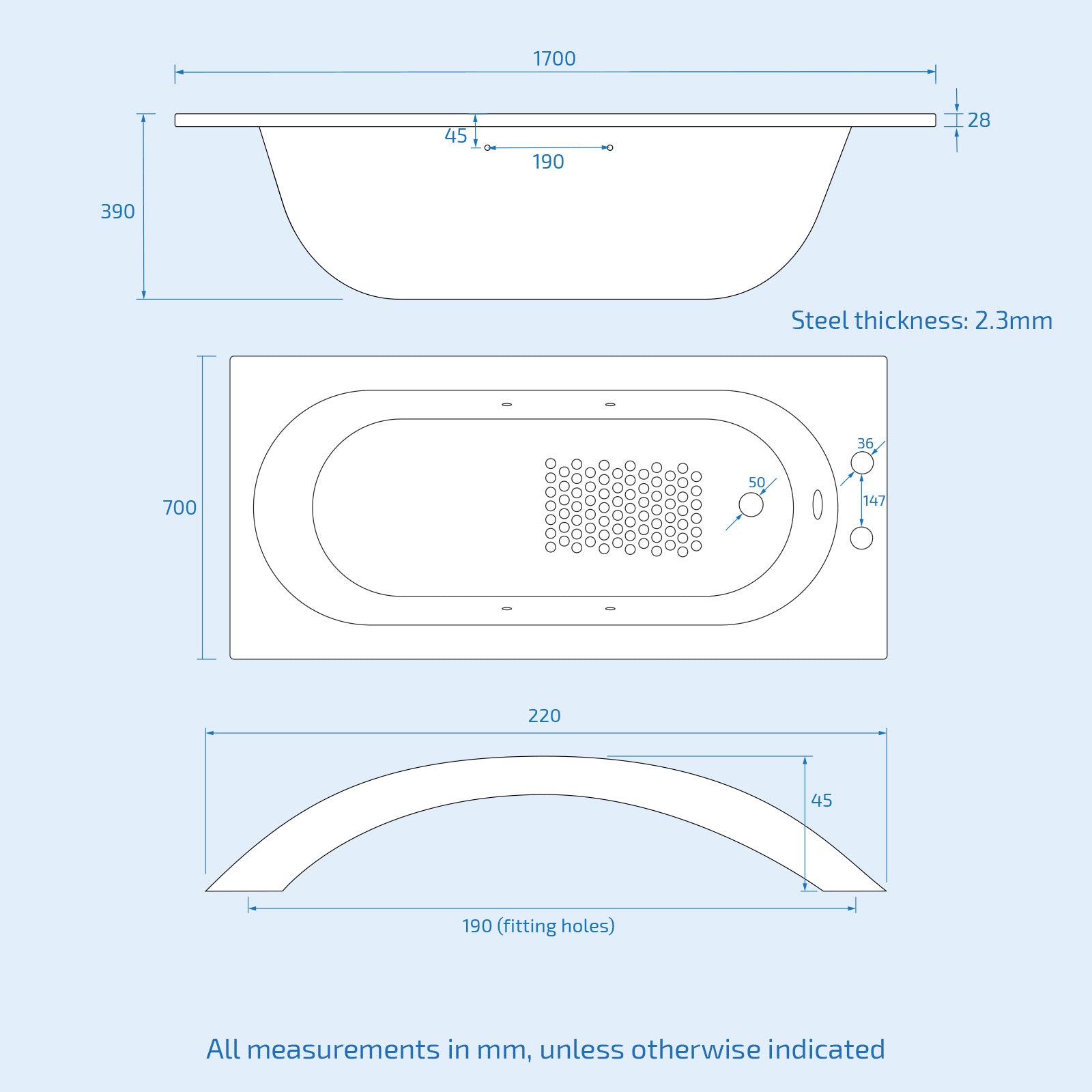 Dylan Premium 1700 x 700mm 2TH Steel Enamel Bath, Handles & Anti Slip Base