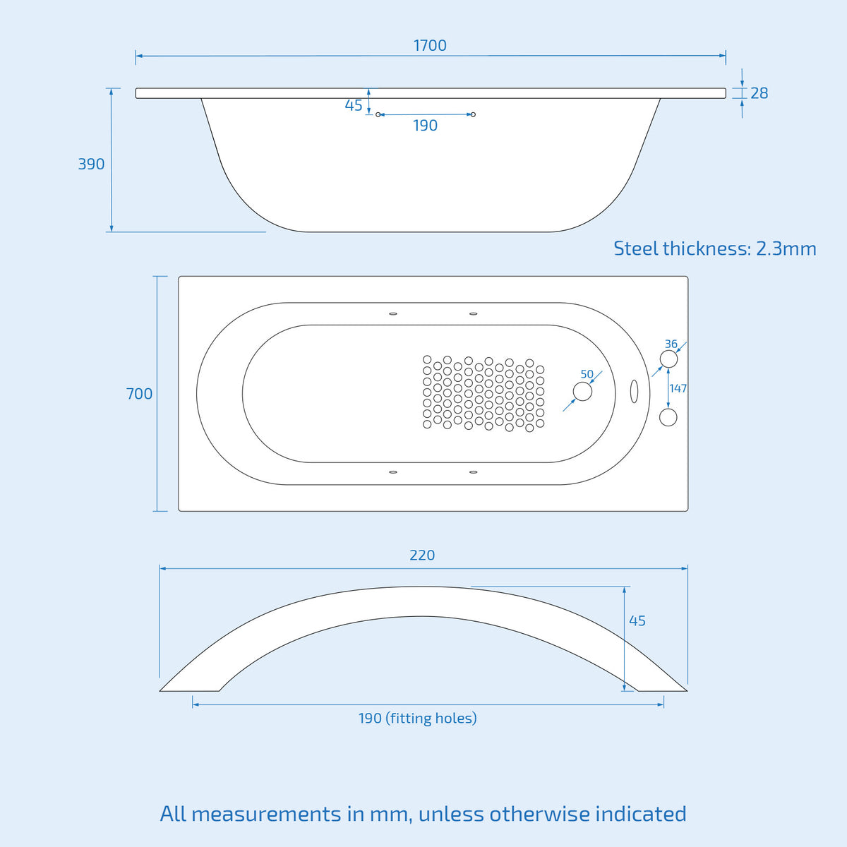 Dylan Premium 1400 x 700mm Steel Enamel Bath, 2 Tap Holes & Waste
