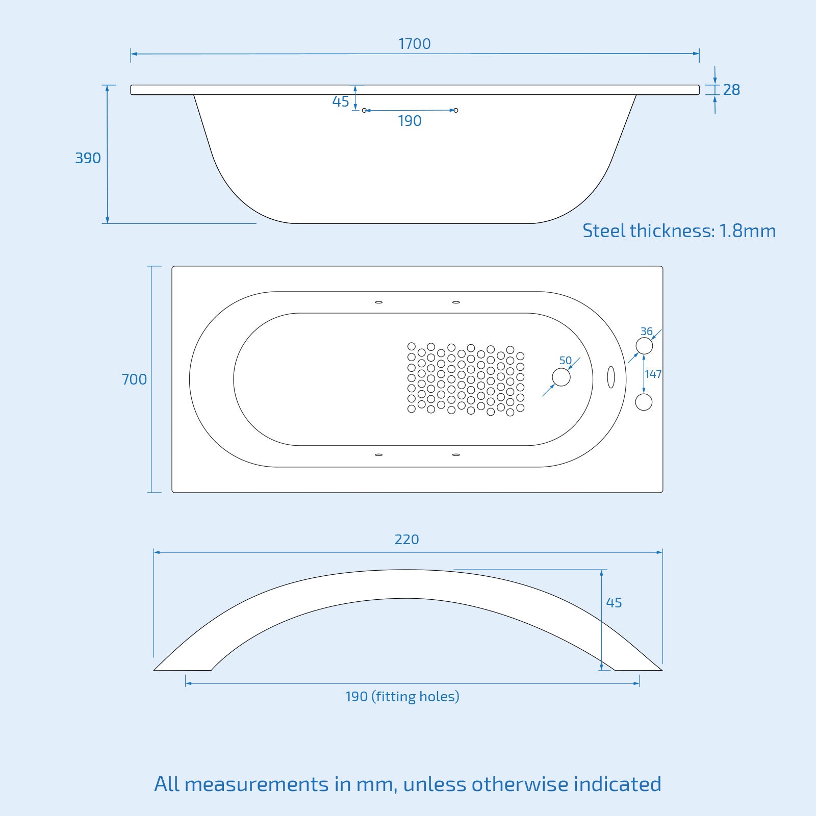 Dylan 1700 x 700mm 2TH Steel Enamel Bath with Handles & Anti Slip Base