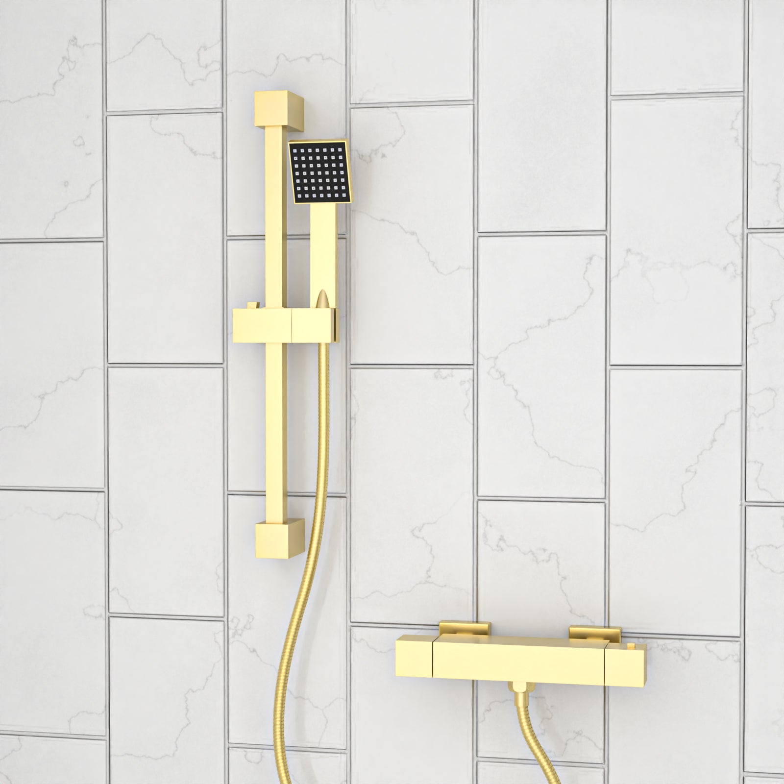 Square Thermostatic Mixer With Slider Rail & Handset Brushed Brass