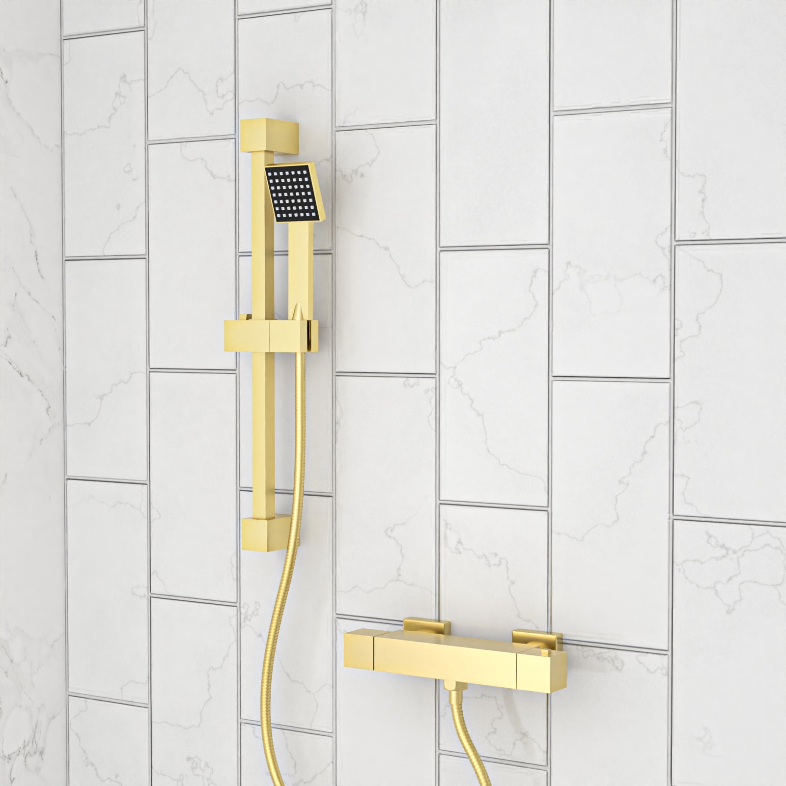Square Thermostatic Mixer With Slider Rail & Handset Brushed Brass