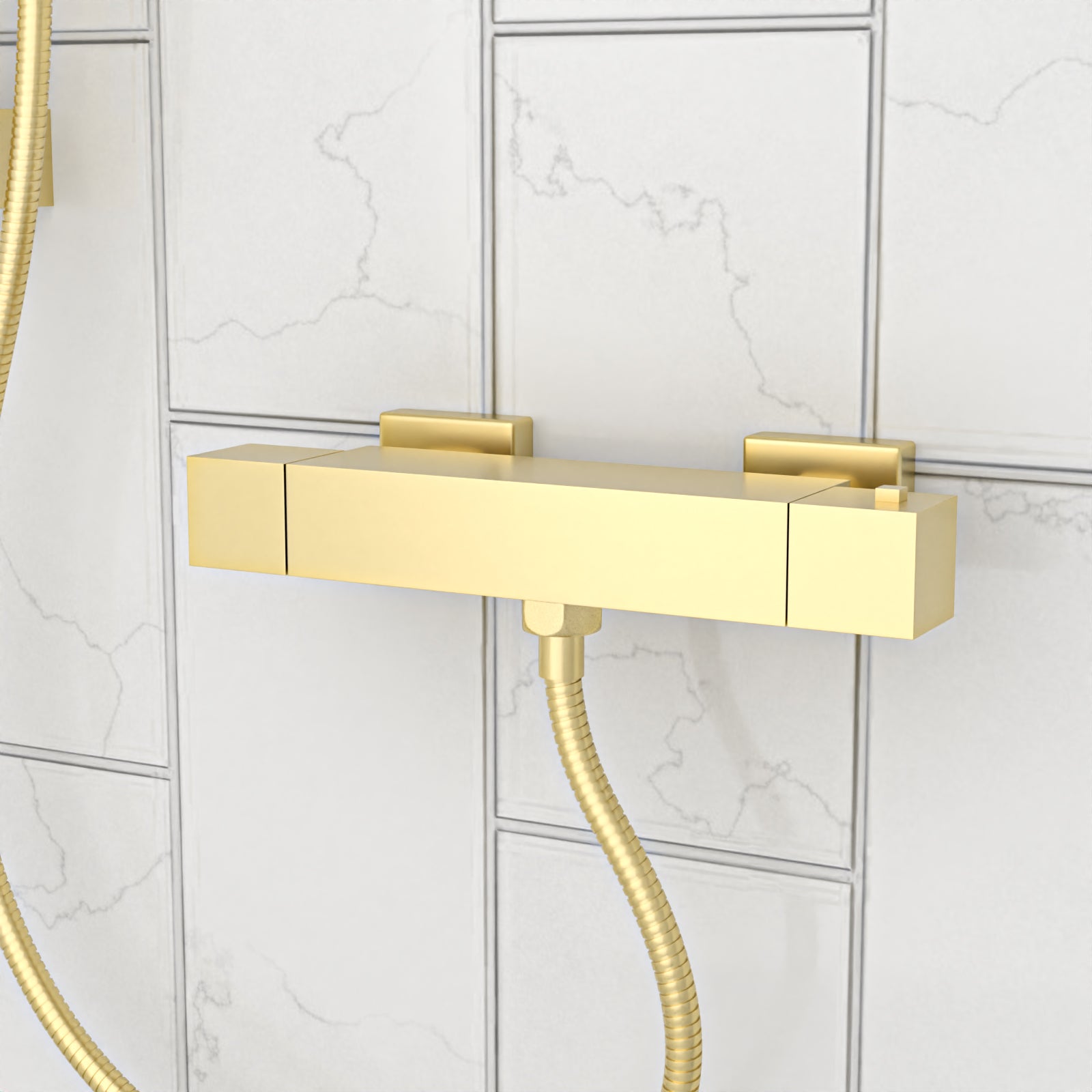 Square Thermostatic Mixer With Slider Rail & Handset Brushed Brass