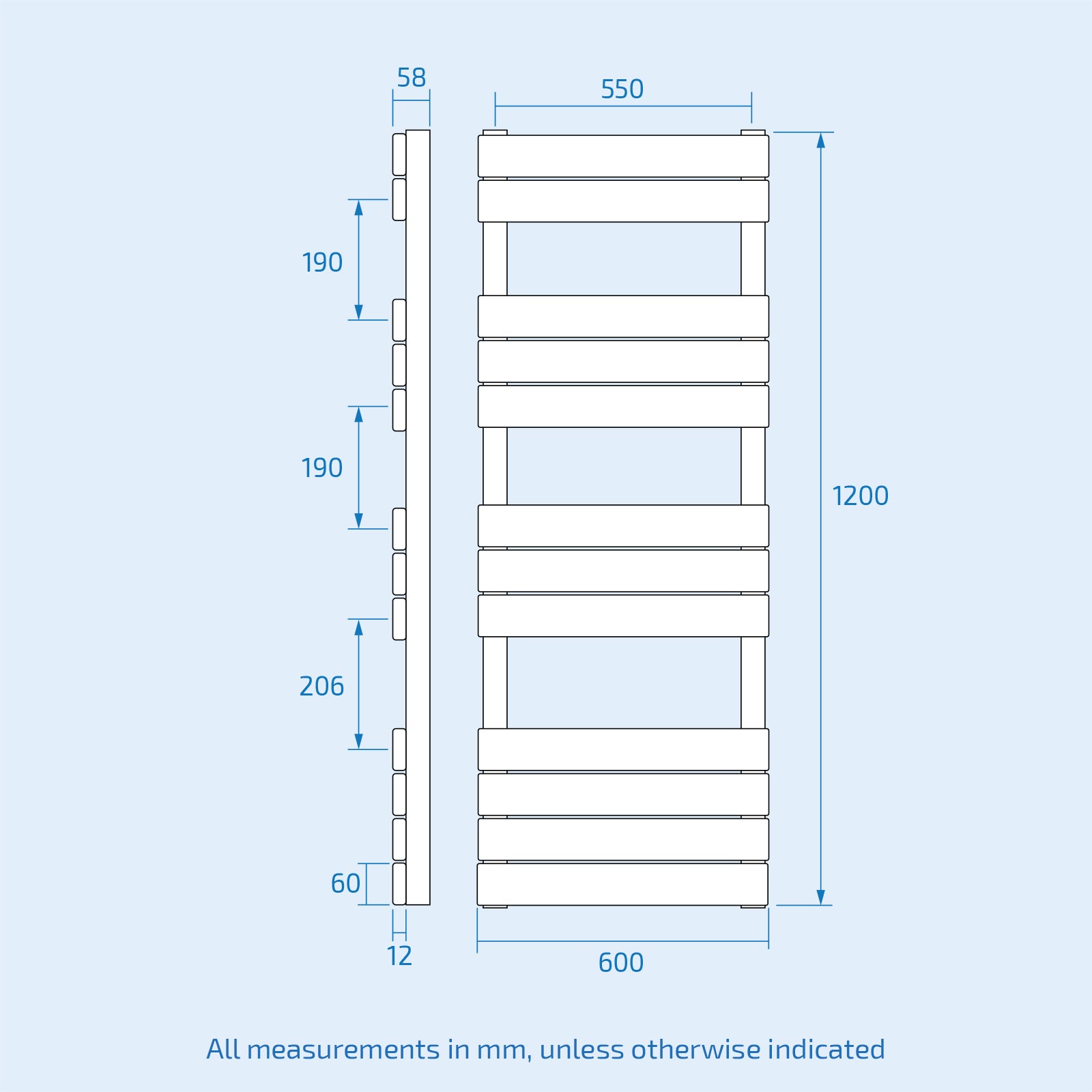 Matte Black 1200 x 600mm Flat Panel Heated Towel Rail Radiator