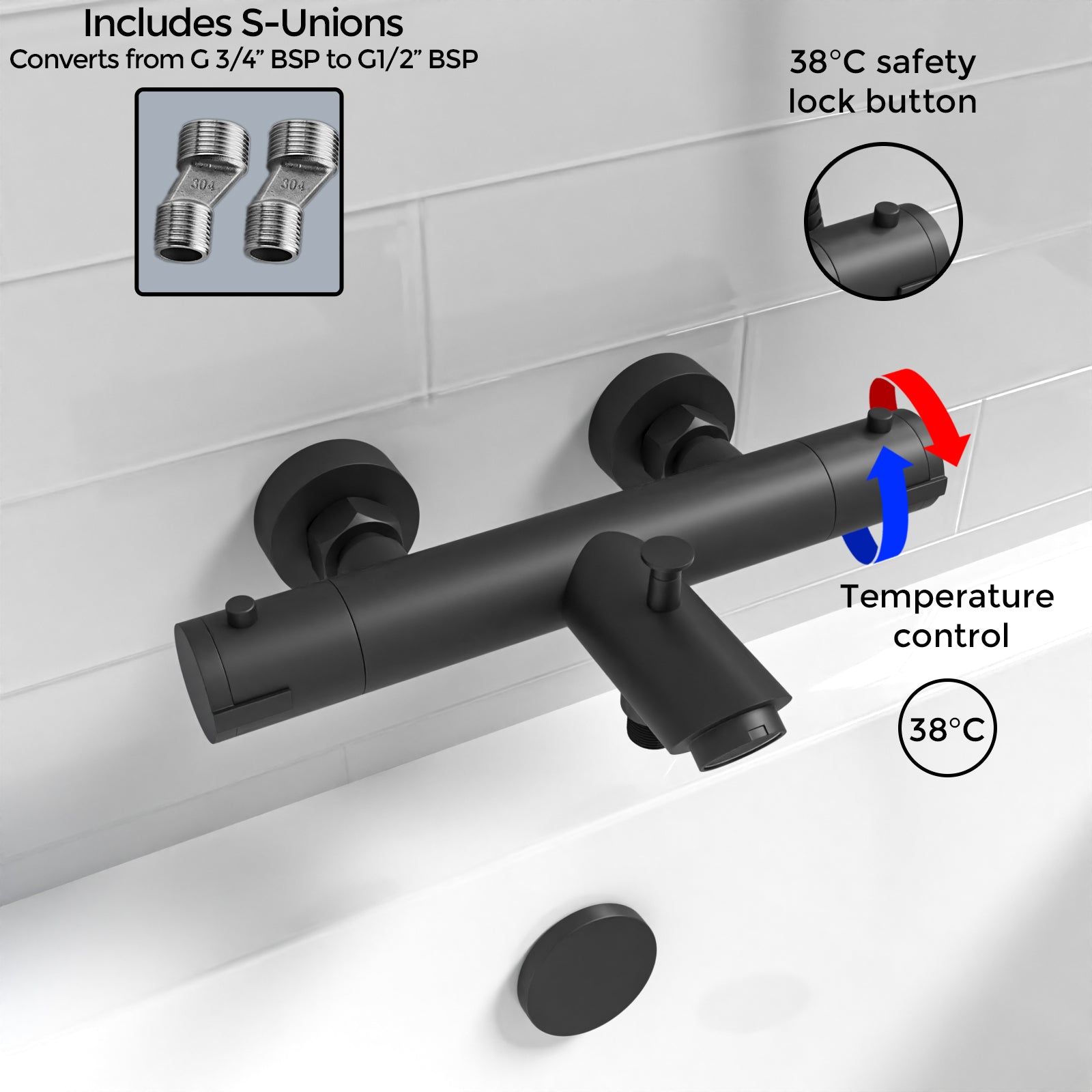 Deck Mounted Thermostatic Black Bath Filler Shower Mixer Tap