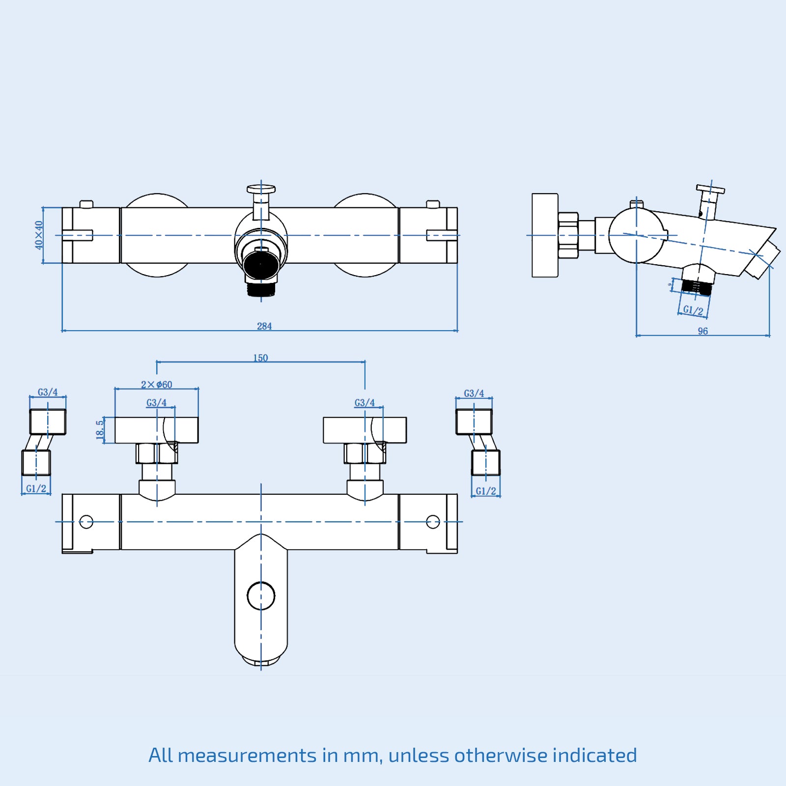 Wall Mounted Thermostatic Black Bath Filler Shower Mixer Tap