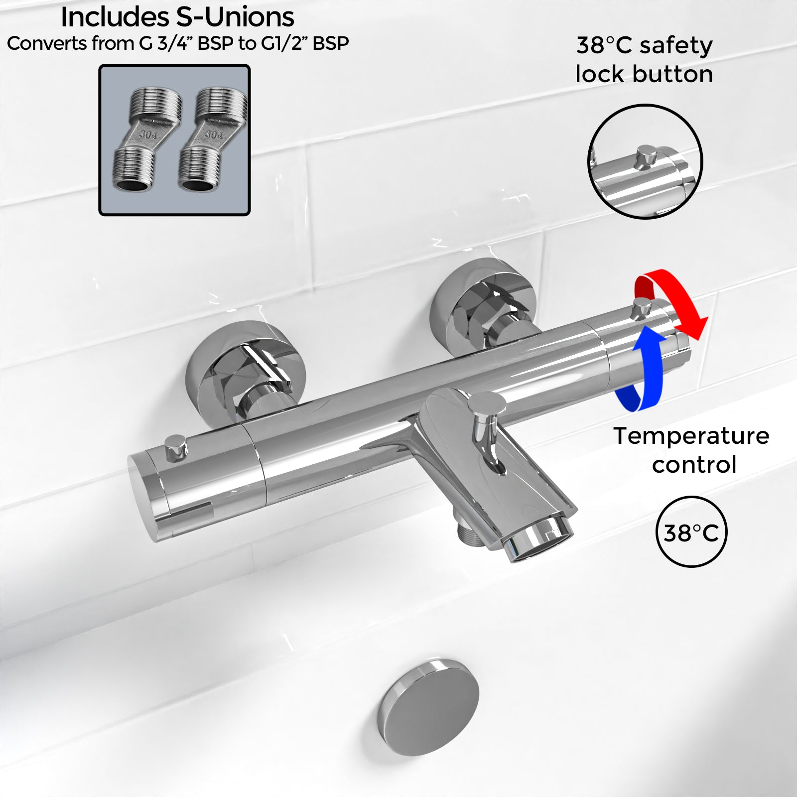 Deck Mounted Thermostatic Chrome Bath Filler Shower Mixer Tap