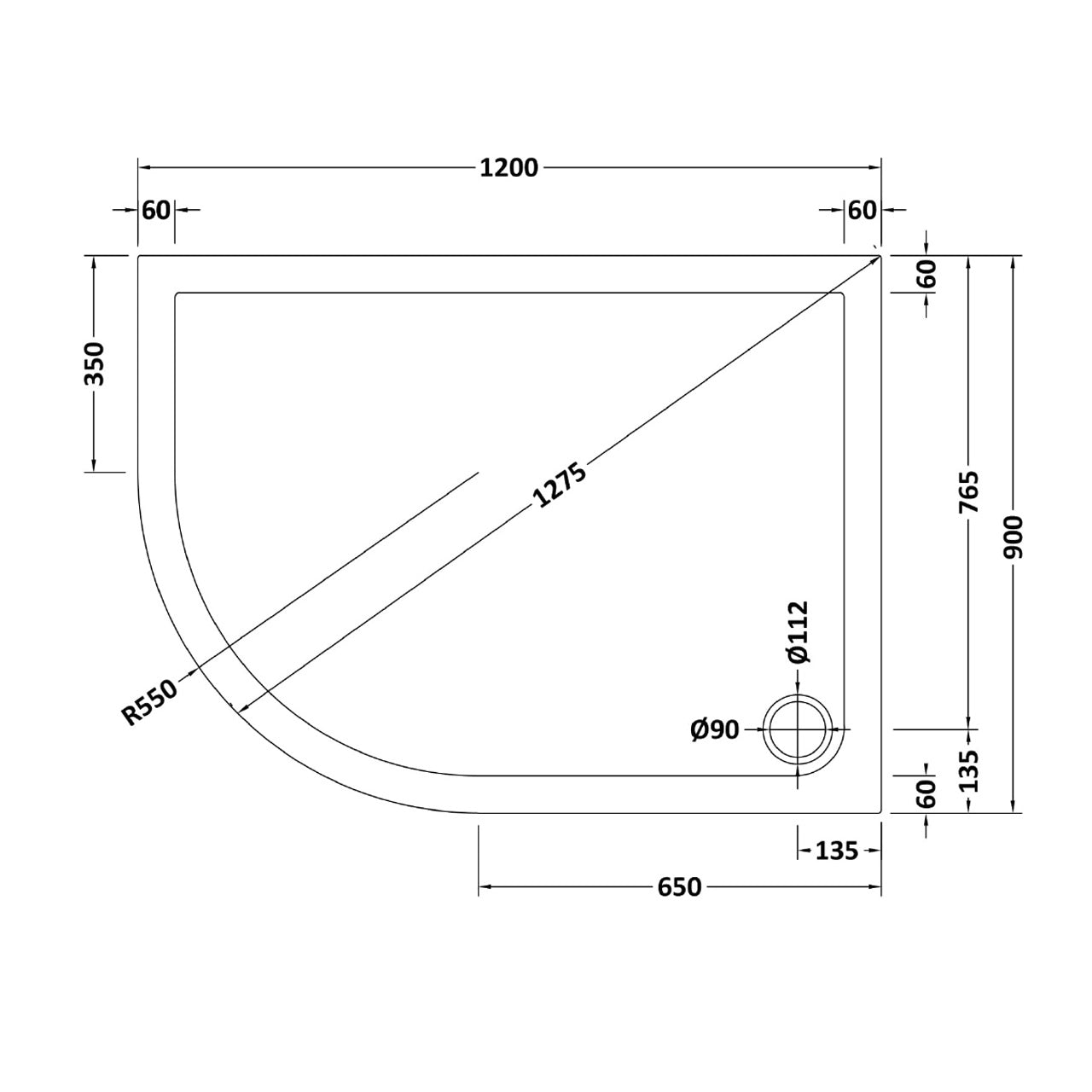 Matt Black LH 1200 x 900mm Offset Quadrant Shower Enclosure & Tray